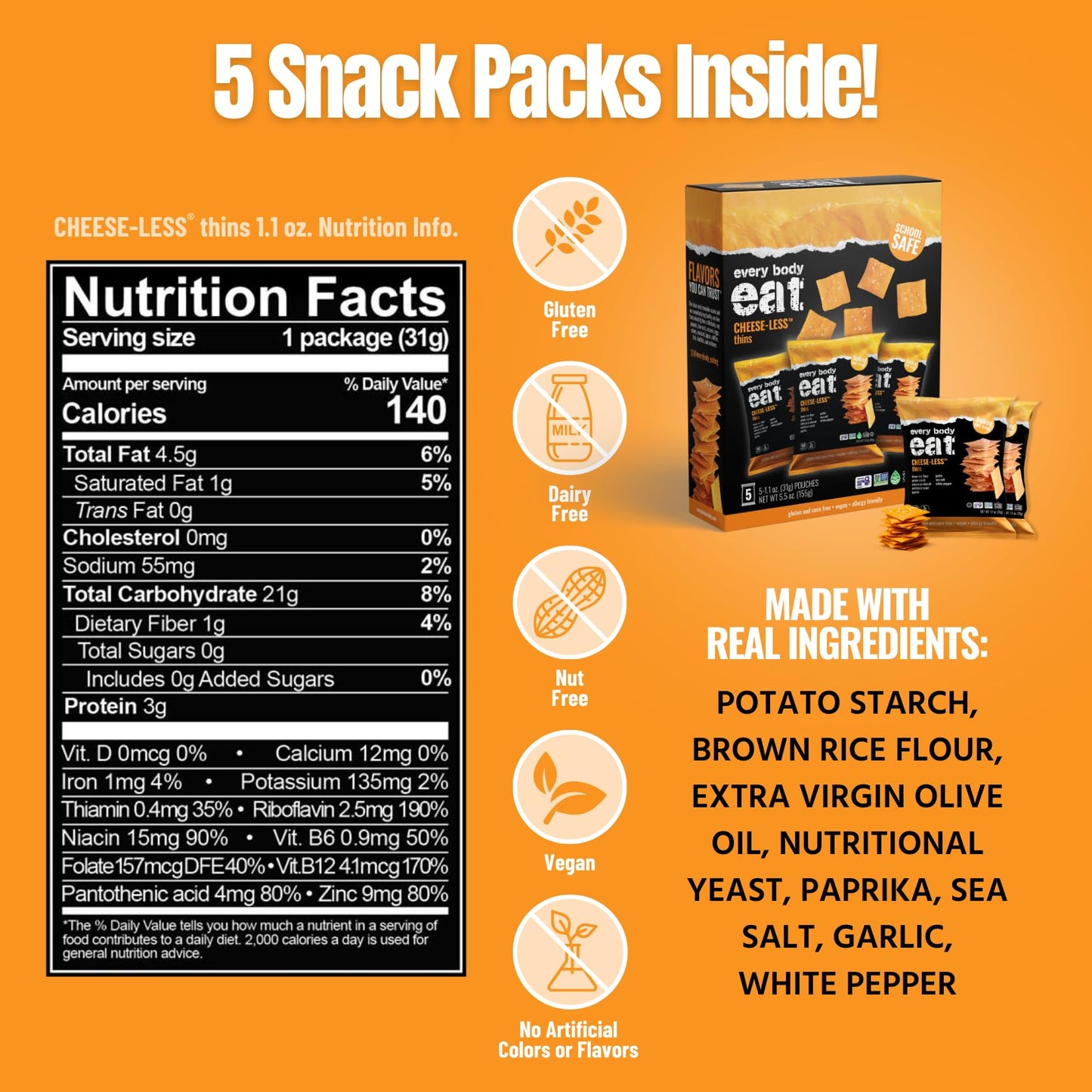 Every Body Eat Snack Cracker Thins Multi-Pack, Cheese-Less - Gluten Free, Vegan, Dairy Free, and Seed Oil Free, (1.1oz Pack of 5)