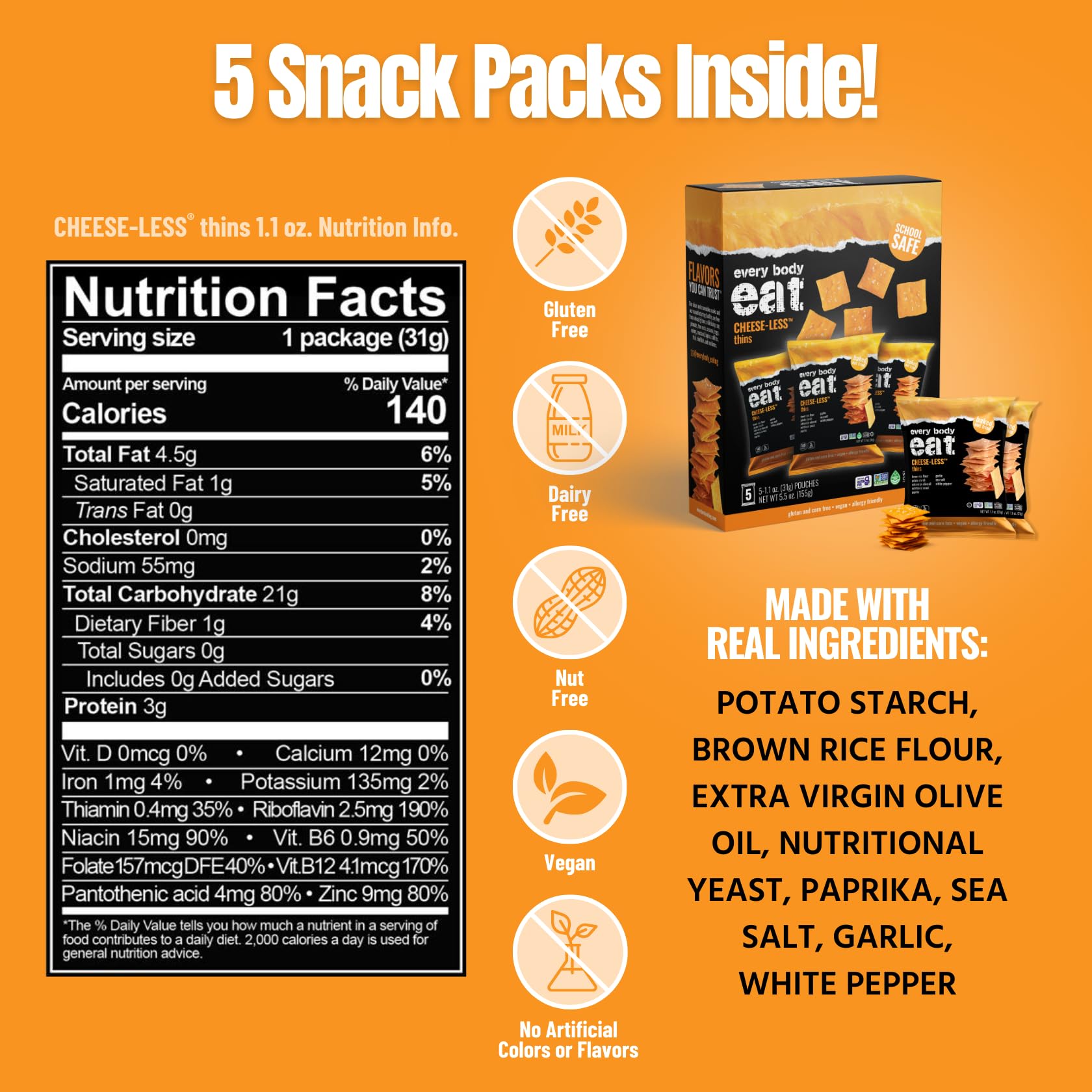 Every Body Eat Snack Cracker Thins Multi-Pack, Cheese-Less - Gluten Free, Vegan, Dairy Free, and Seed Oil Free, (1.1oz Pack of 5)