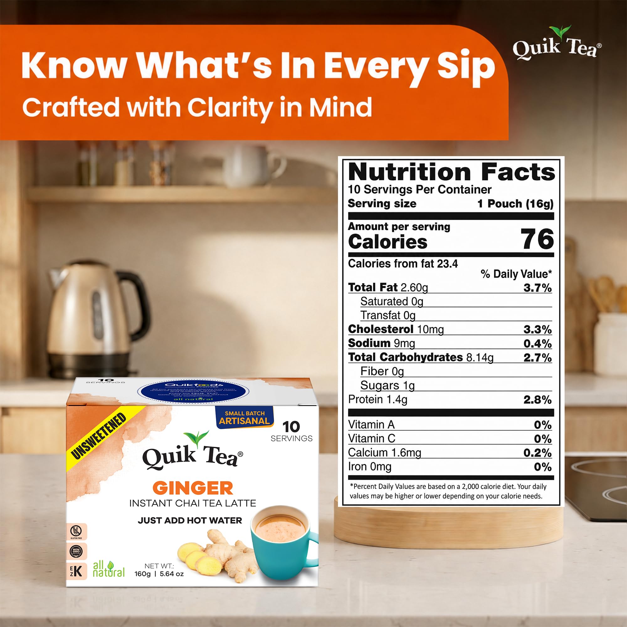 QuikTea Instant Ginger Chai Tea Latte Unsweetened, 10 Single-Serve Sachets, Artisanal Indian Chai Latte Mix, Just Add Hot Water, Low Caffeine