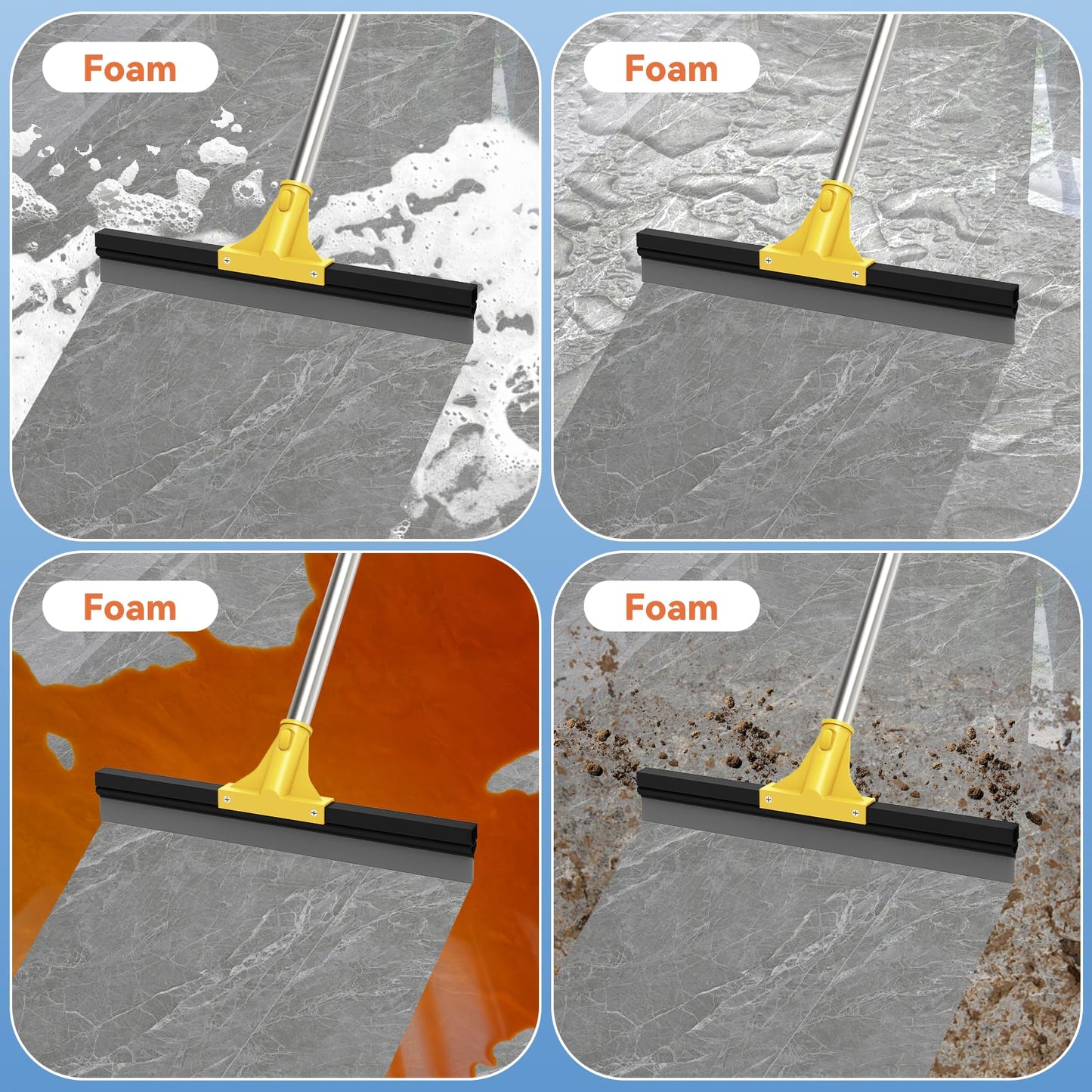 Elapun Large Heavy-Duty Floor Squeegee, 18” Rubber Blade Broom & 62” Long Handle Floor Squeegee for Concrete, Bathroom Tile, Garage Concrete, Deck