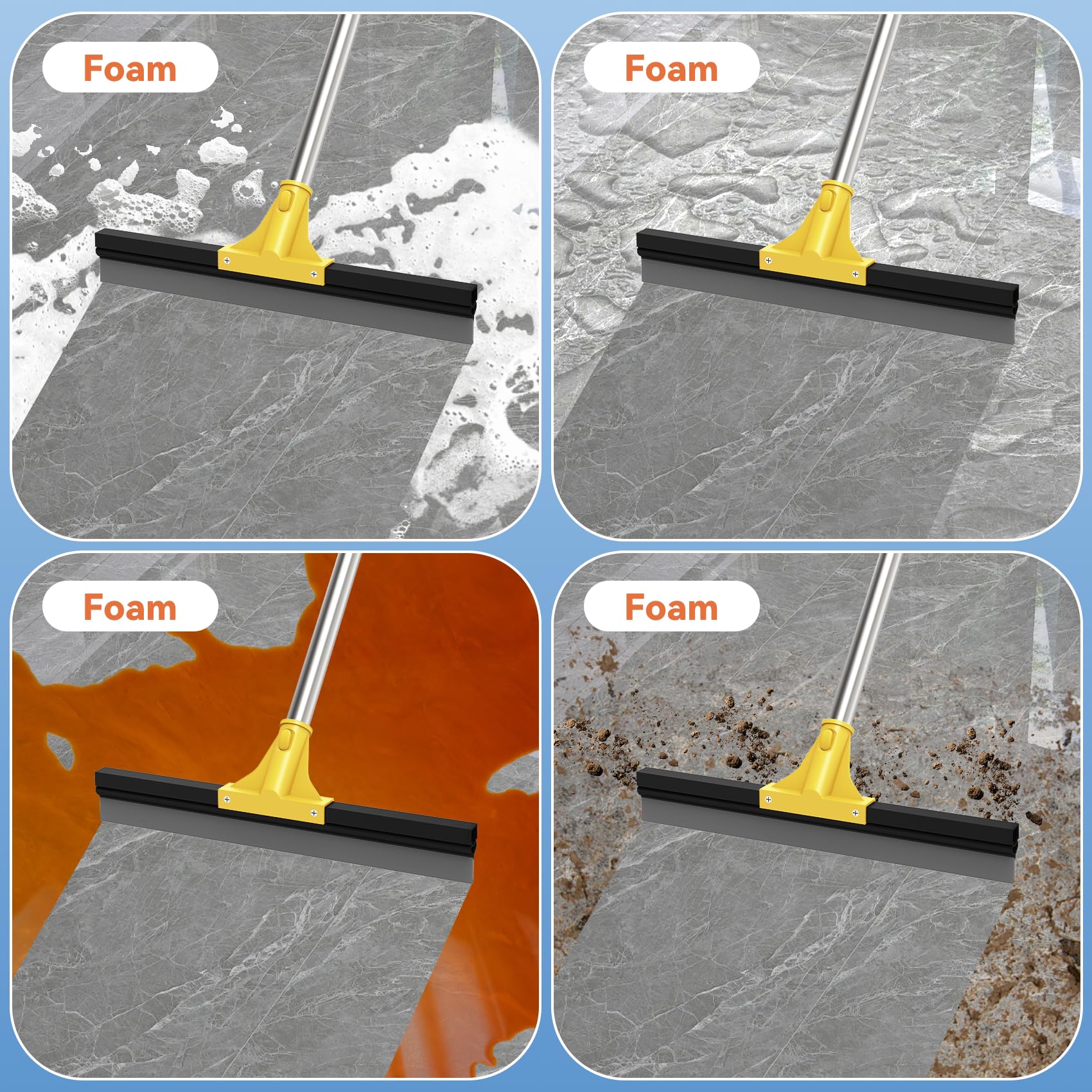 Elapun Large Heavy-Duty Floor Squeegee, 18” Rubber Blade Broom & 62” Long Handle Floor Squeegee for Concrete, Bathroom Tile, Garage Concrete, Deck