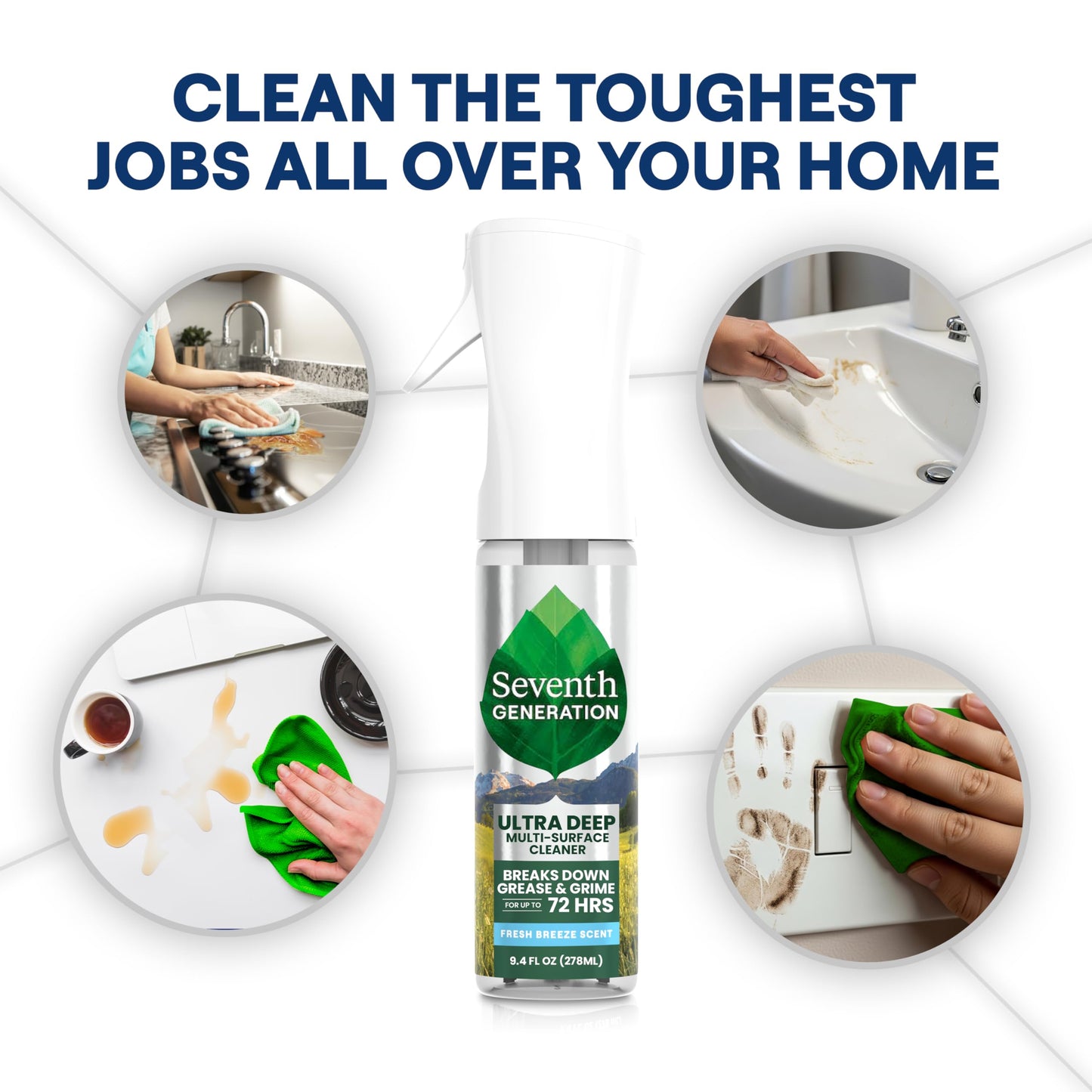 Seventh Generation Ultra Deep Probiotic Multi Surface Cleaner, 9.4 Fl Oz, Fresh Breeze, 80% USDA Biobased All Purpose Cleaning Spray, Breaks Down