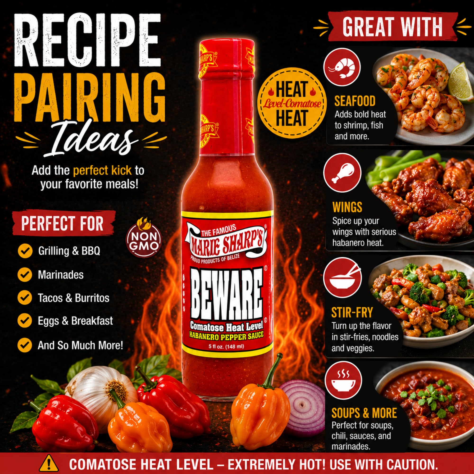 Marie Sharp’s BEWARE Comatose Heat Level Habanero Pepper Sauce, 5 oz | Extreme Heat Hot Sauce from Belize | All-Natural, No Preservatives |
