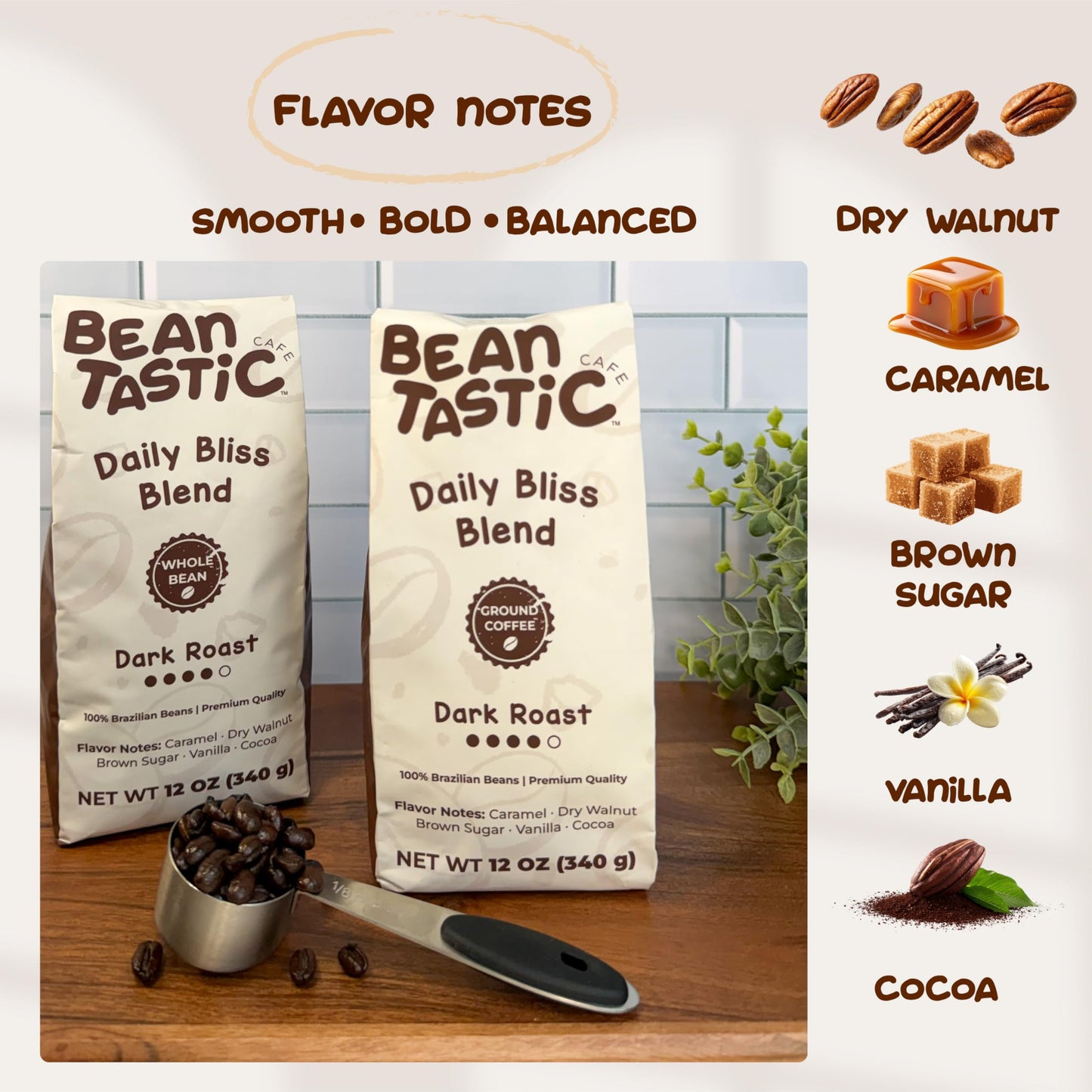Beantastic Cafe Daily Bliss Blend Dark Roast Ground Coffee/Whole Bean Coffee, 100% Brazilian Beans, Smooth & Bold Flavor, 12 oz Bag (Whole Bean)