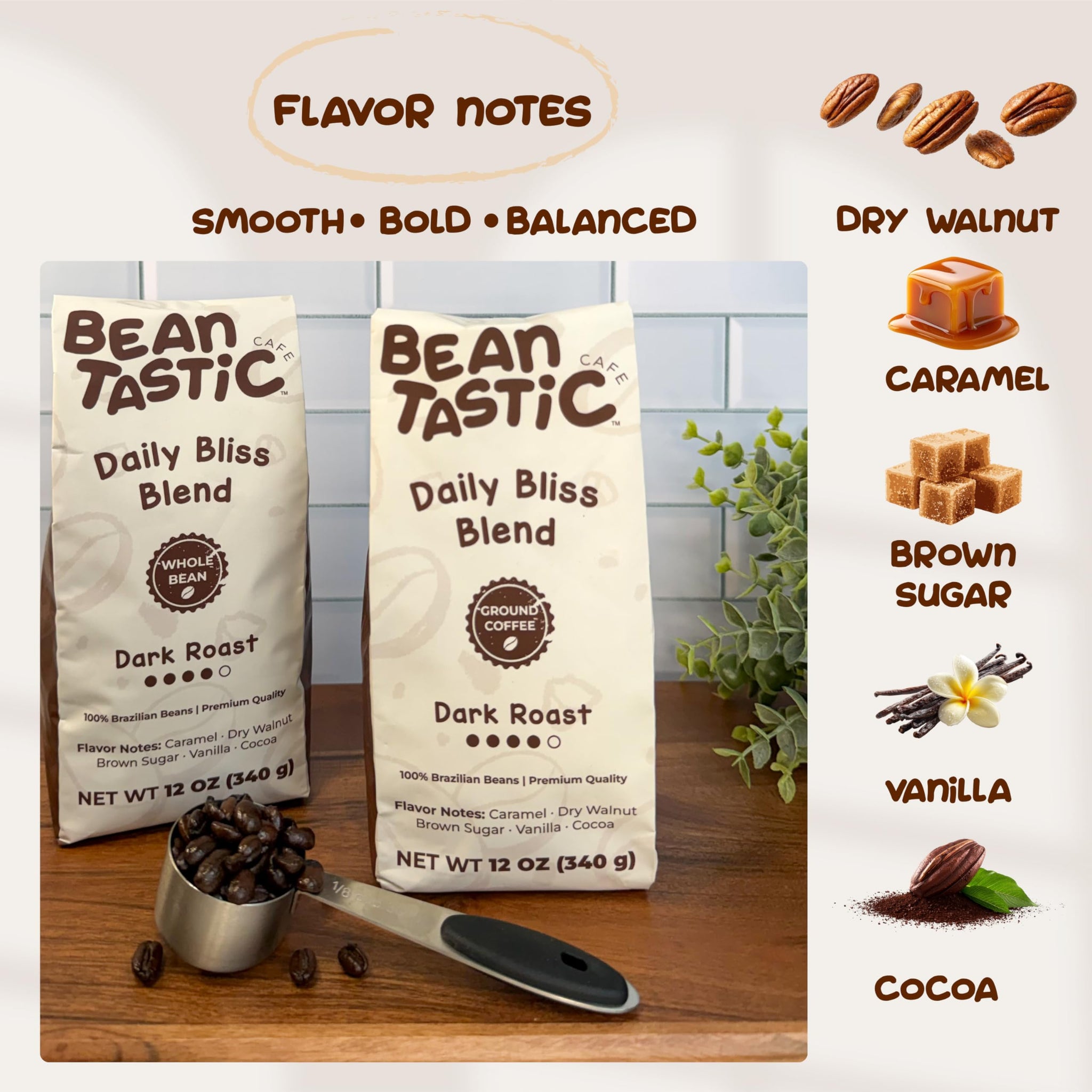 Beantastic Cafe Daily Bliss Blend Dark Roast Ground Coffee/Whole Bean Coffee, 100% Brazilian Beans, Smooth & Bold Flavor, 12 oz Bag (Whole Bean)