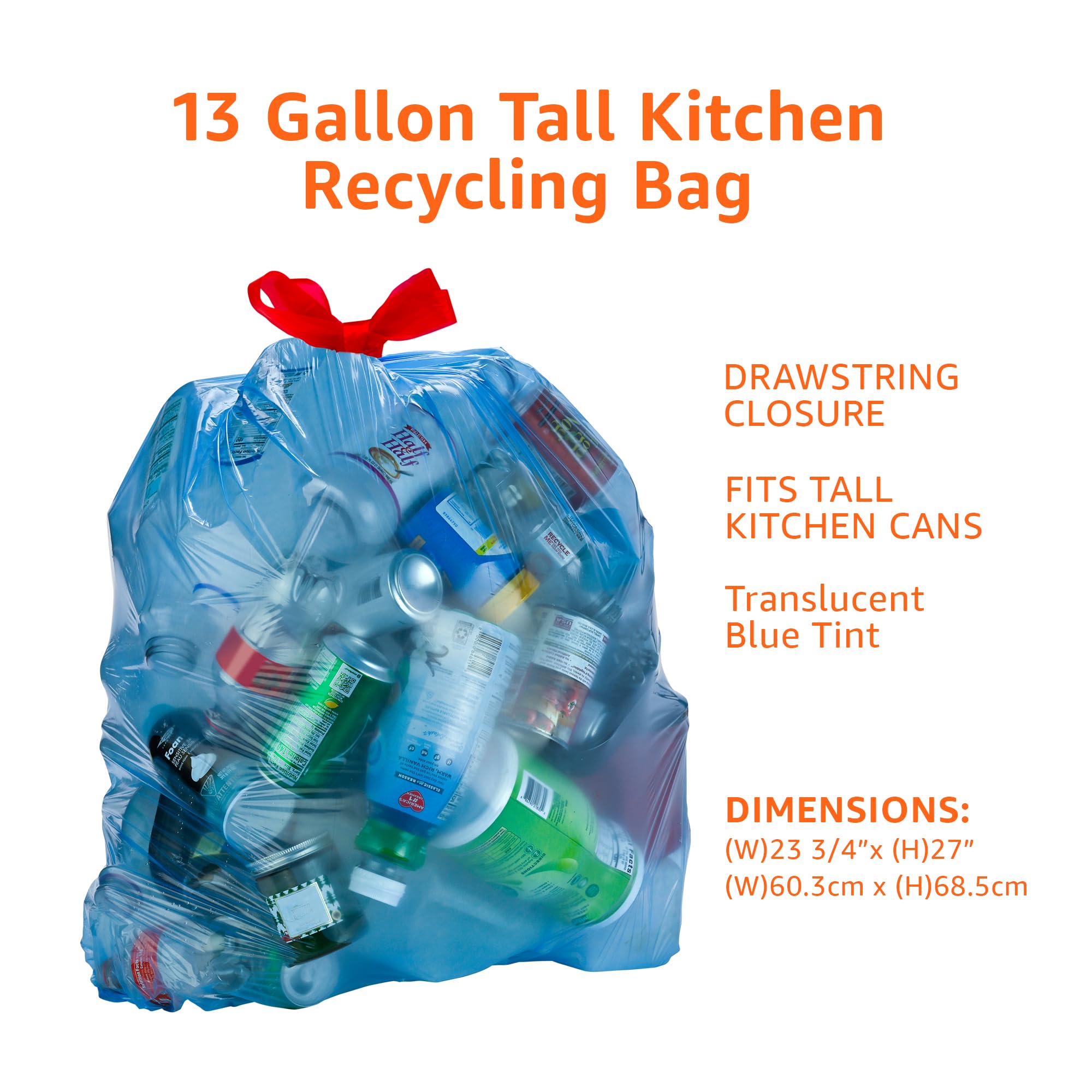 Amazon Basics Blue Recycling Drawstring Trash Bags, Tall Kitchen, Unscented, 13 Gallon, 60 Count
