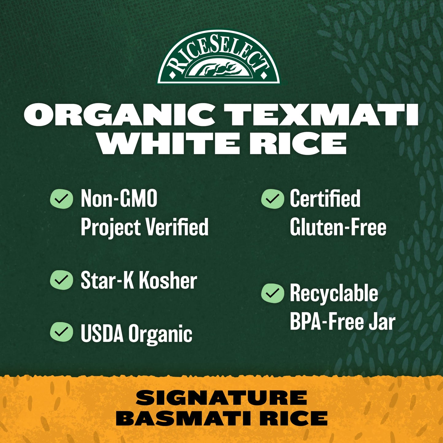 RiceSelect Organic Texmati White Basmati Rice, Premium Long Grain Organic American Basmati Rice, Gluten-Free, Non-GMO, Kosher, 32oz Jar (Pack of 1)