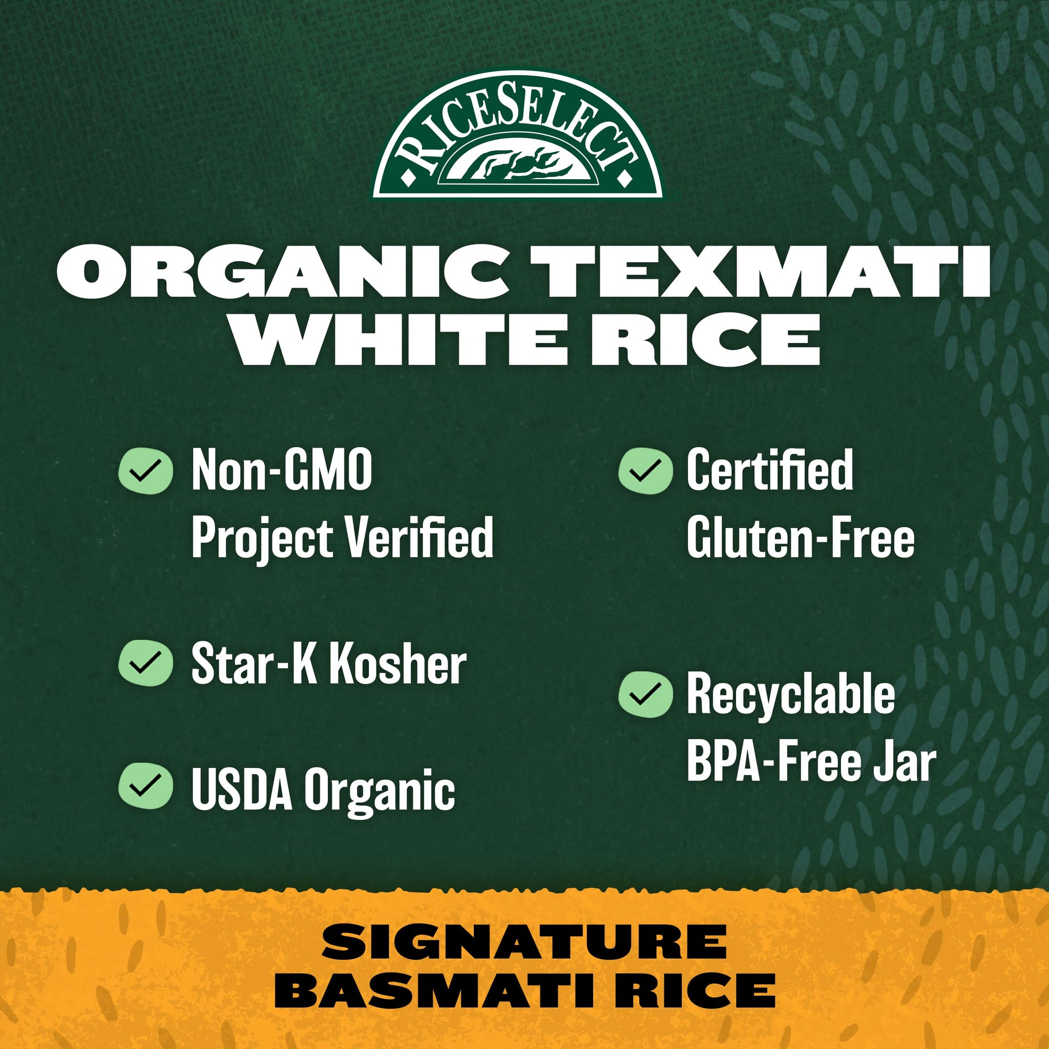 RiceSelect Organic Texmati White Basmati Rice, Premium Long Grain Organic American Basmati Rice, Gluten-Free, Non-GMO, Kosher, 32oz Jar (Pack of 1)