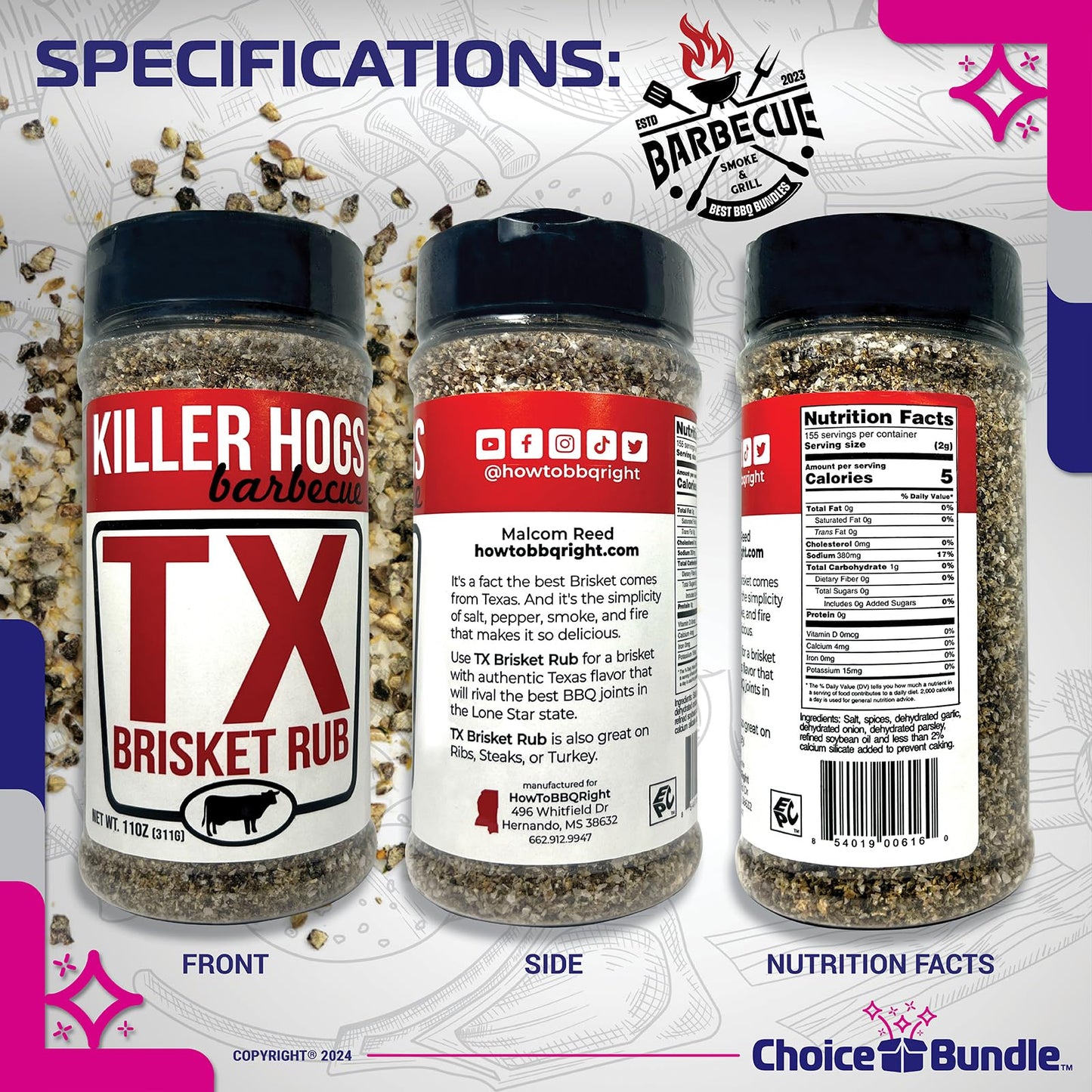 Killer Hogs Steak Rub & TX Texas Brisket Rub Premium BBQ Barbecue & Seasoning 4 pk Variety Choice Bundle (44 oz) + BBQ Guide & Keychain Bottle Opener
