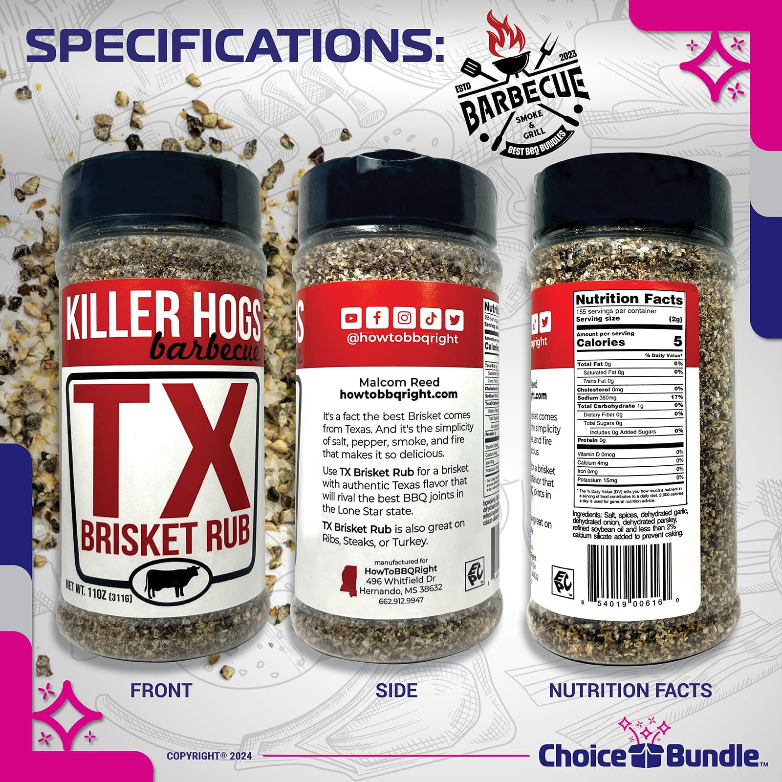 Killer Hogs Steak Rub & TX Texas Brisket Rub Premium BBQ Barbecue & Seasoning 4 pk Variety Choice Bundle (44 oz) + BBQ Guide & Keychain Bottle Opener