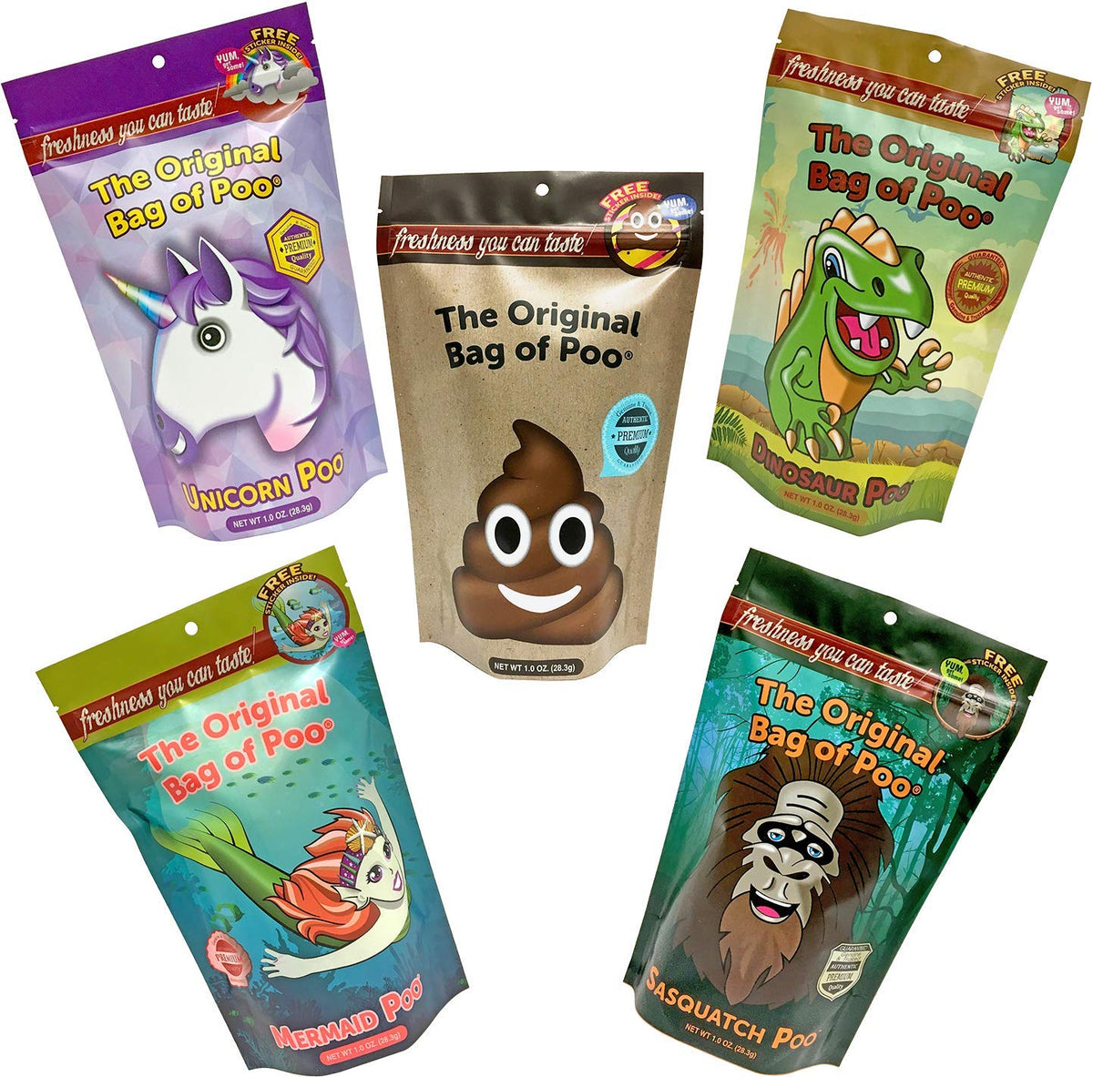 The Original Bag of Poo®, Novelty Poop Cotton Candy Gag Gift (Mythical Variety Pack) Assorted flavors. Free stickers inside.