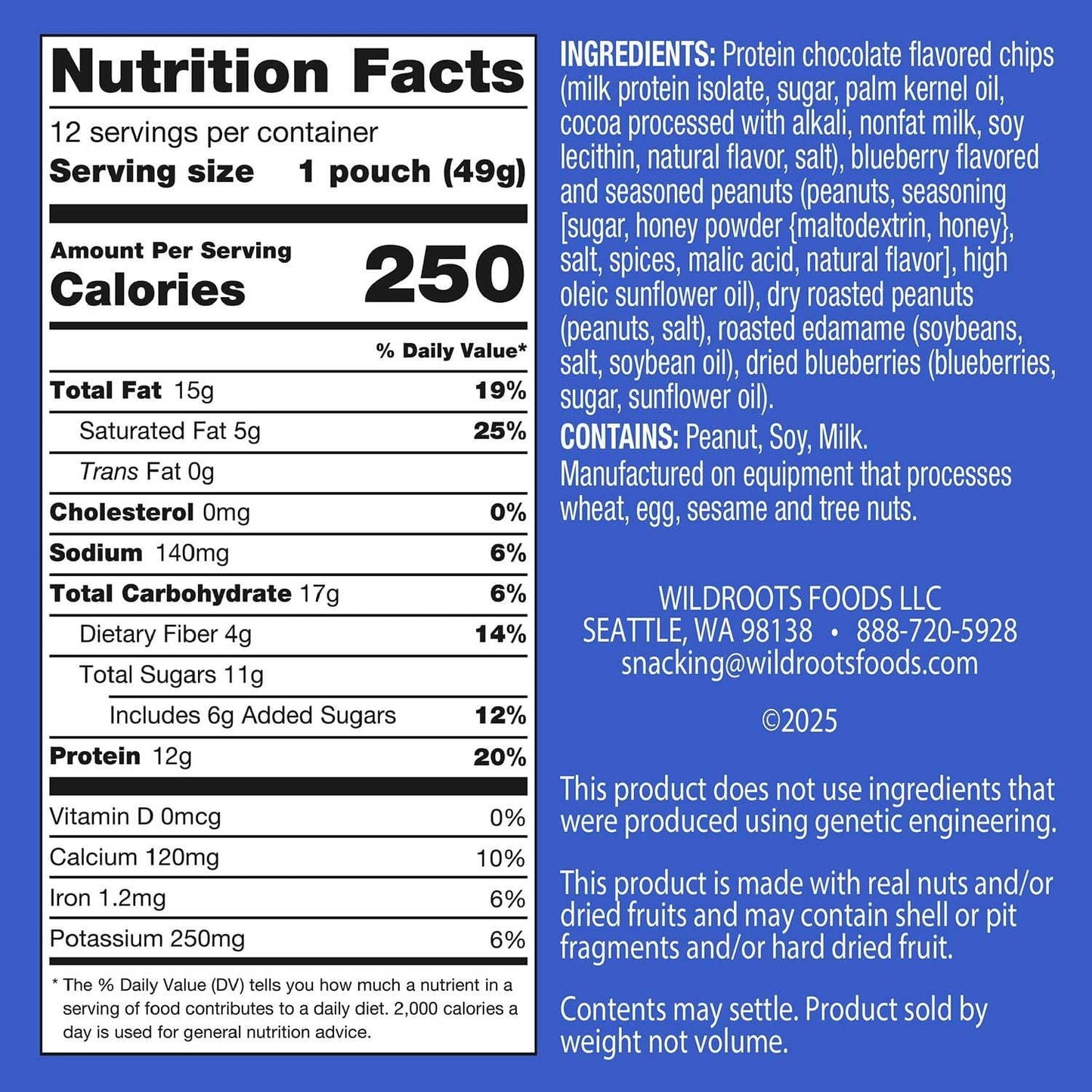 WildRoots Chocolatey Blueberry Protein Premium Trail Mix, 12-Pack Snack Pouches (1.75 oz Each), 12g Protein per Serving, Non-GMO Ingredients