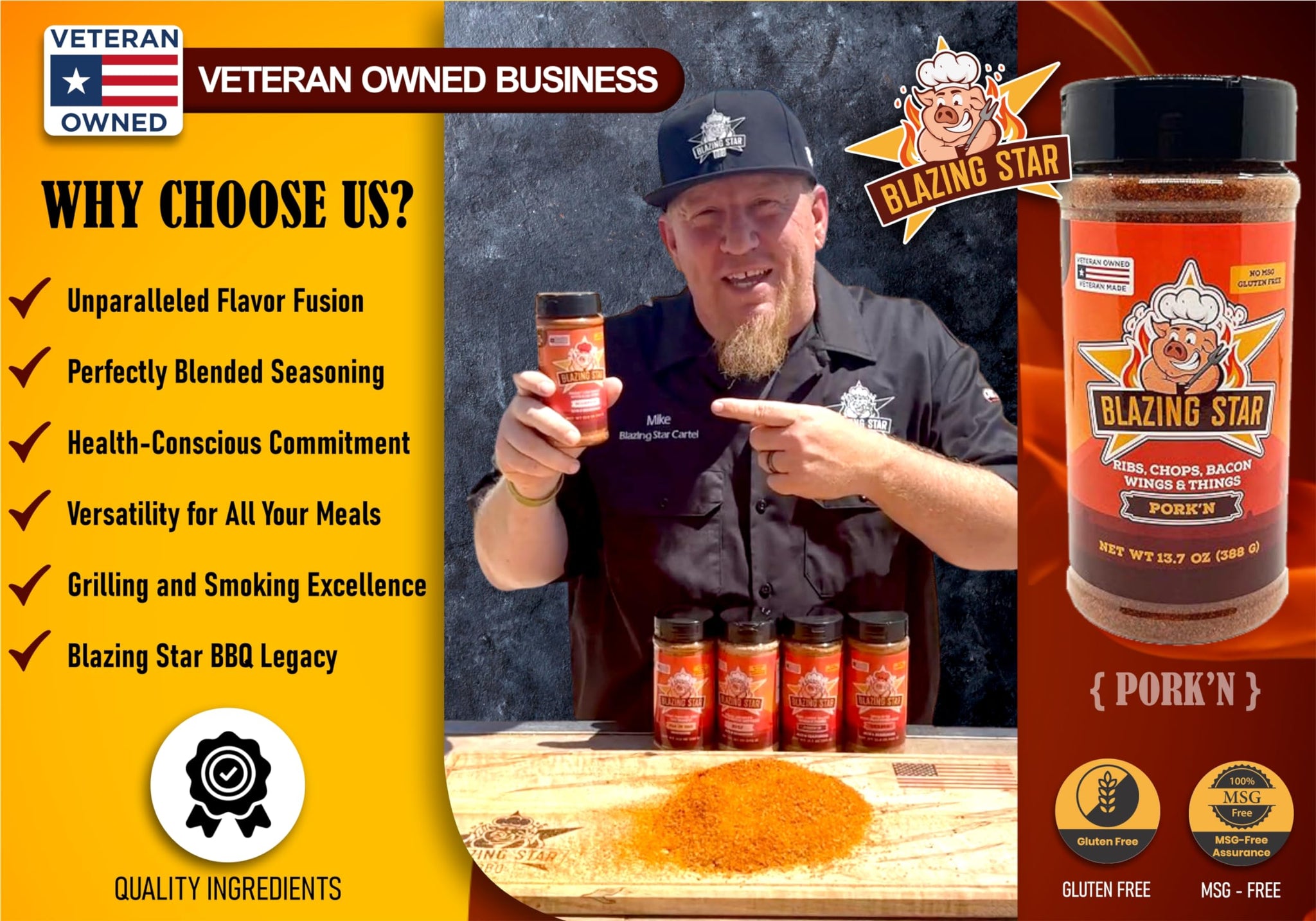 Blazing Star Pork’n Rub - Bold BBQ Seasoning for Ribs, Chops, Bacon, Wings, and Things - Perfect BBQ Rub for Grilling, Smoking, and Barbecue - Veteran