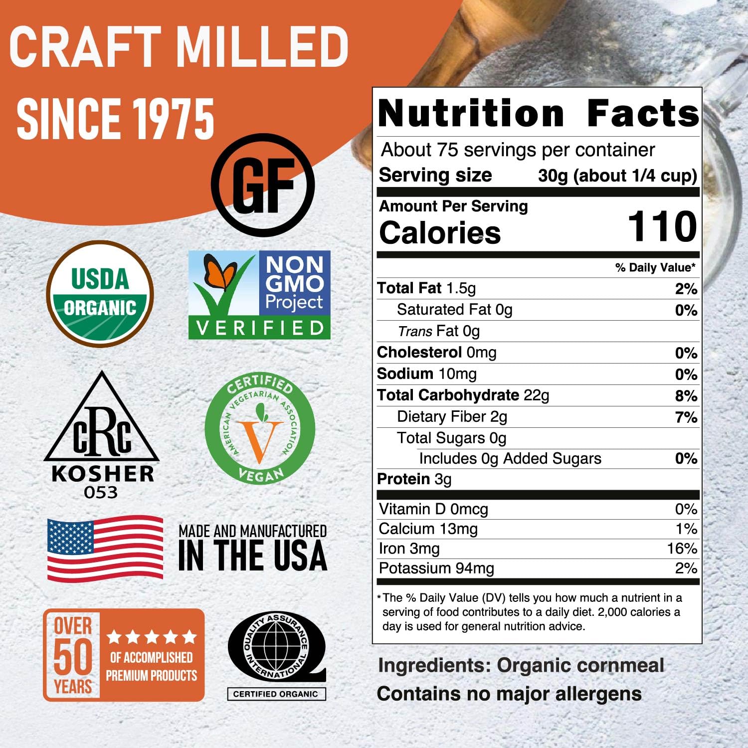 Great River Milling Organic Medium Grind Cornmeal | USDA Organic, Gluten Free, Non-GMO, Kosher | Hearty Texture for Cornbread, Polenta, Muffins