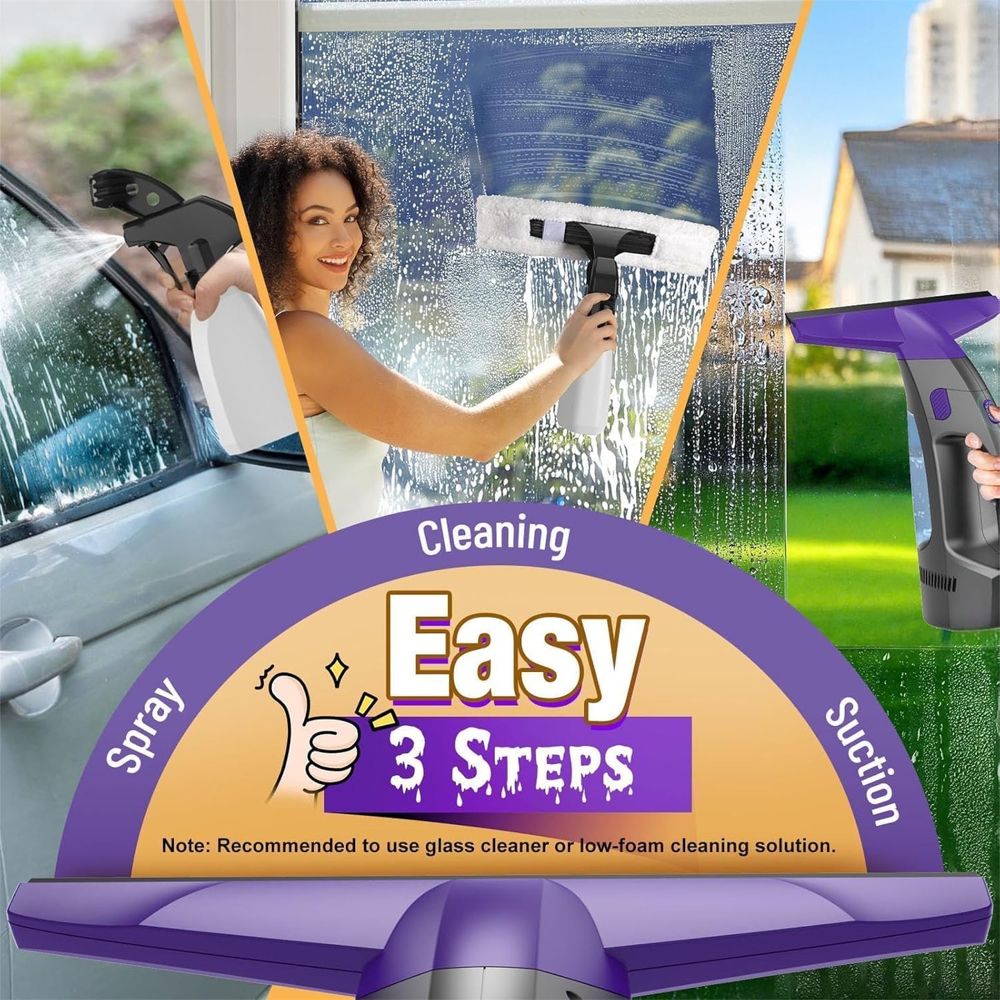 Window Vacuum Squeegee Cordless, 2000Pa Electric Window Cleaner with Power Blade, Vacuum Squeegee for Window Cleaning, Streak-Free Window Vacuum