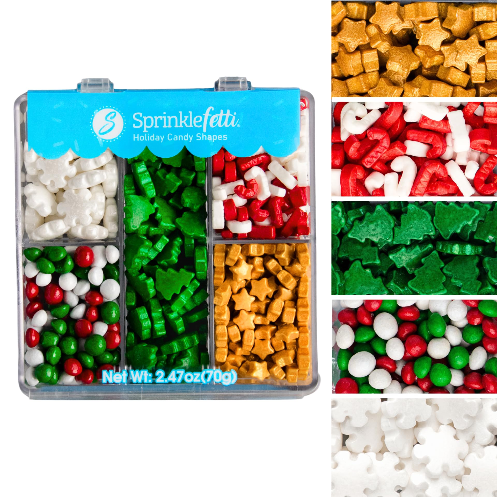 Sweets Indeed Christmas Sprinkle Tackle Box - 2.53 oz | Festive Holiday Sprinkles with Gold Stars, Green Trees, Candy Canes, White Snowflakes