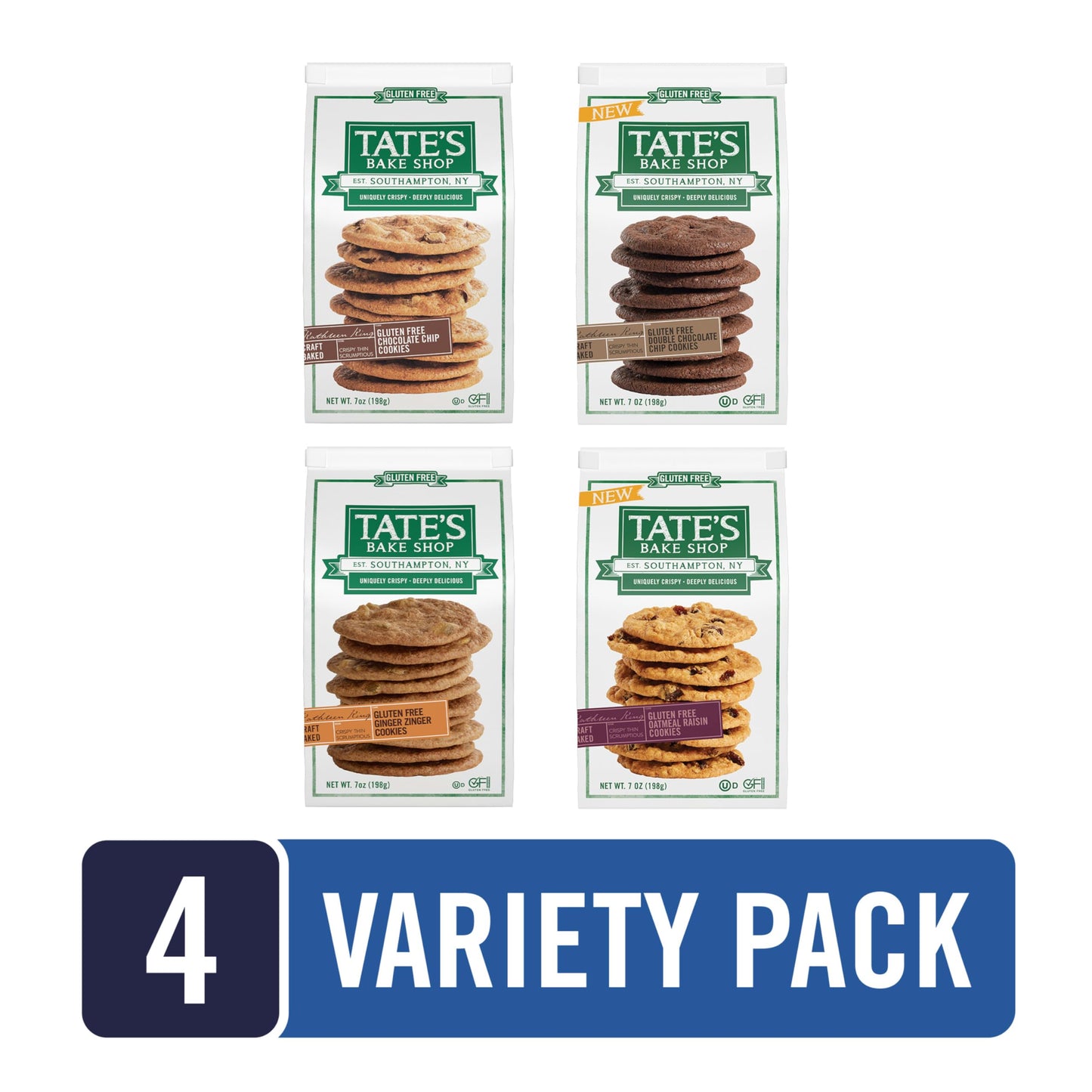 Tate's Bake Shop Gluten Free Cookies Variety Pack, Oatmeal Raisin, Ginger Zinger, Double Chocolate Chip, and Chocolate Chip Cookies, 4-7 oz Bags