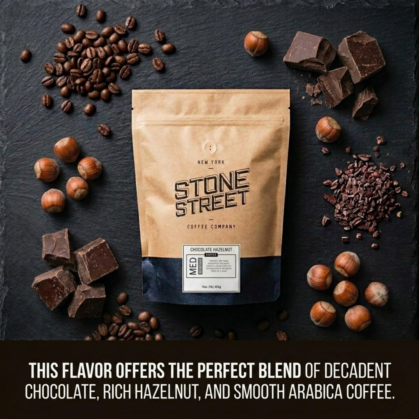 Stone Street Flavored Ground Coffee, Chocolate Hazelnut, Freshly Roasted, 100% Colombian Arabica, Gourmet Coffee, Medium Roast, Sweet Chocolately