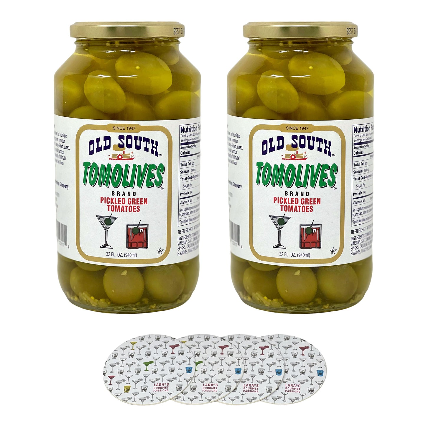 Old South Tomolives (2 Pack, 32 fl oz each) bundled with complementary 4-count Coasters | Ultimate Martini Garnish | Great Cocktail Snack