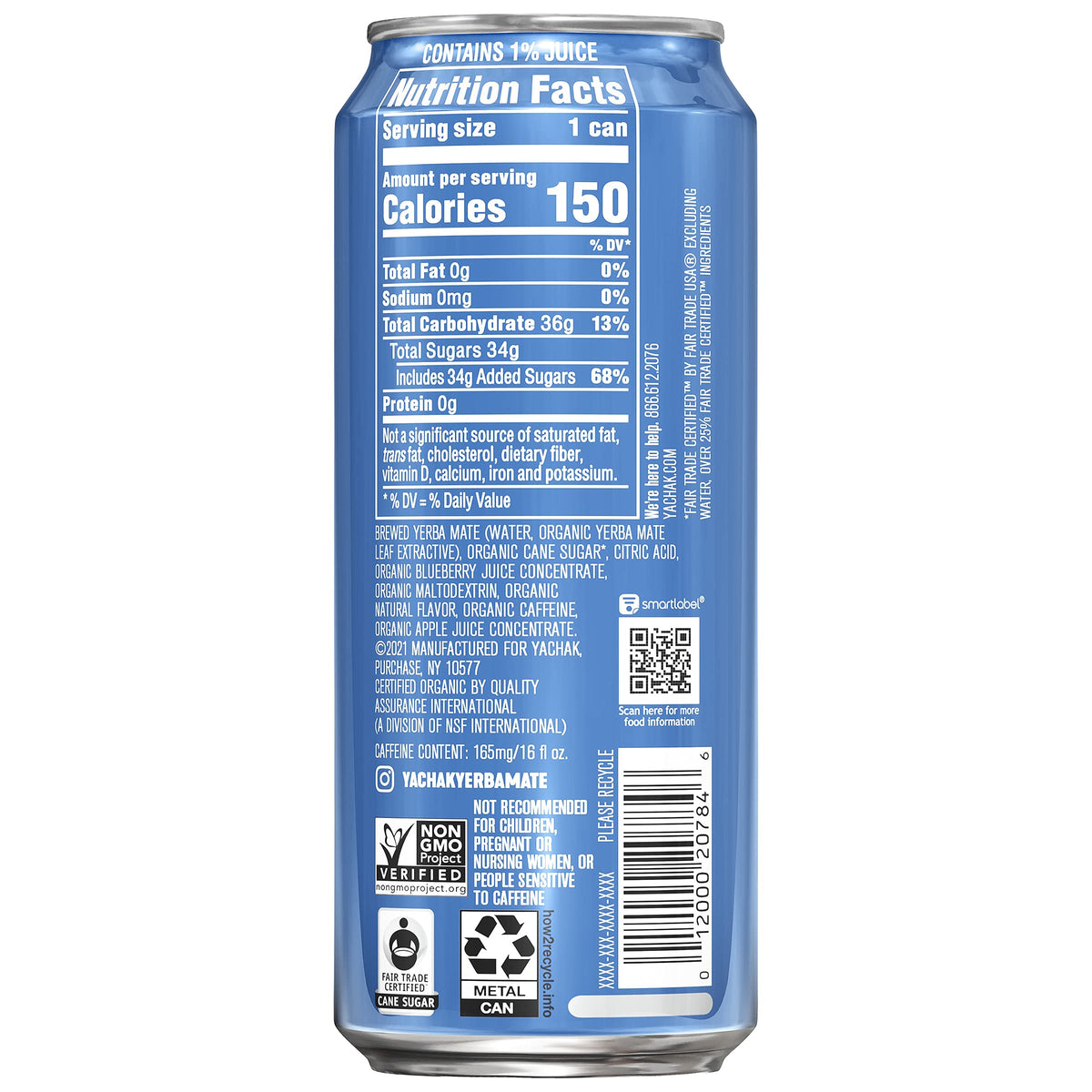 Yachak Organic Yerba Mate, Berry Blue, 16oz Can