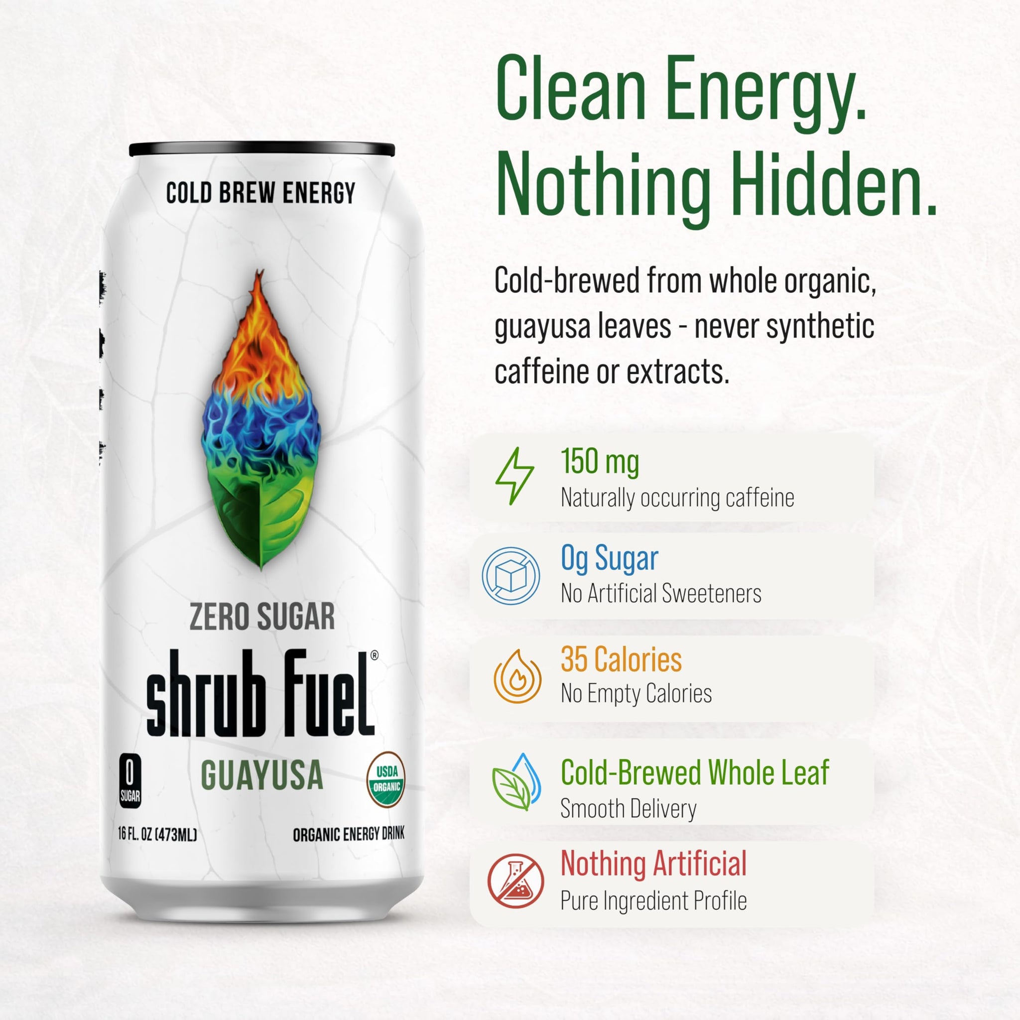 Shrub Fuel Organic Energy Drink - Made With Fresh Brewed Guayusa Tea, 100% Plant Brewed Clean Energy For Calm Focus, Zero Sugar And No Crash, 16 Fl Oz