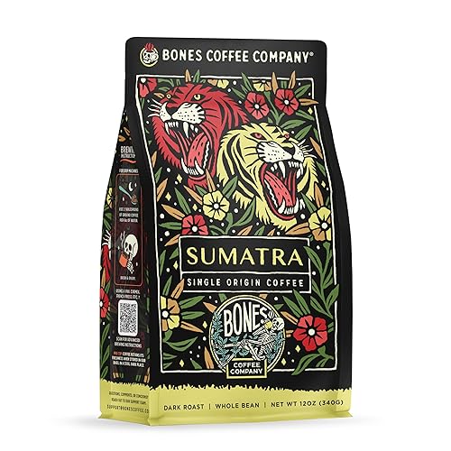 Bones Coffee Company Sumatra Single-Origin, Dark Chocolate, Smoky Earthy Notes, Whole Coffee Beans, Low Acid Darl Roast Arabica Beans Flavored Coffee