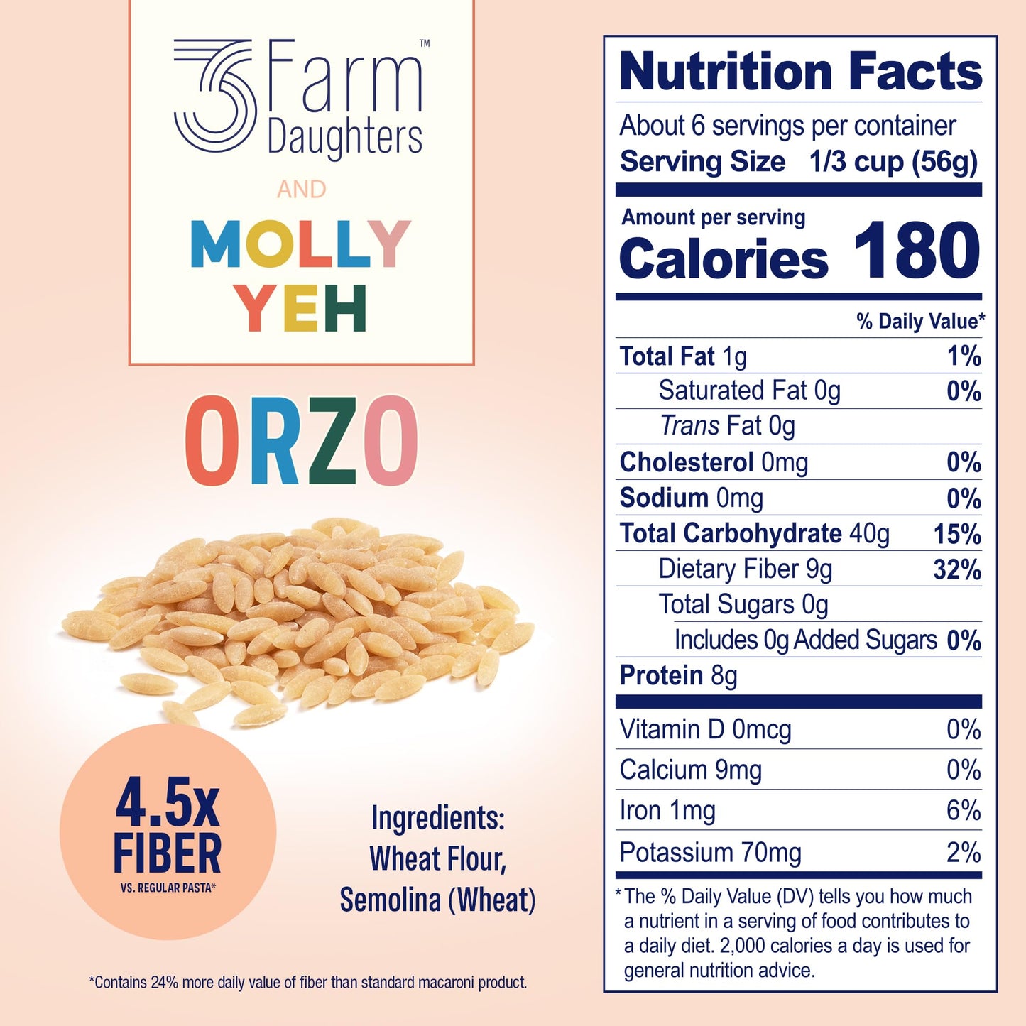 Three Farm Daughters X Molly Yeh High Fiber Orzo Pack, Irresistible, Low GI, Non GMO Orzo Pasta Noodles, Low Net Carb, Made in the USA from Just 2
