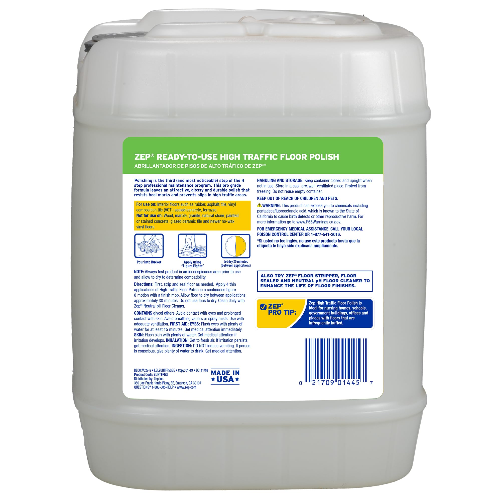 Zep High Traffic Floor Polish - 5 Gal (1 Pail) ZUHTFF5G - Scuff and Slip Resistant Durable Floor Finishing Polish for Vinyl (VCT), Sealed Concrete