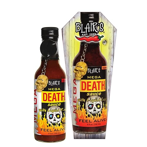 Blair's Mega Death Hot Sauce 5 Oz with Habaneros, Cayenne - 650x hotter than a Jalapeno - with Liquid Rage & Skull Key Chain