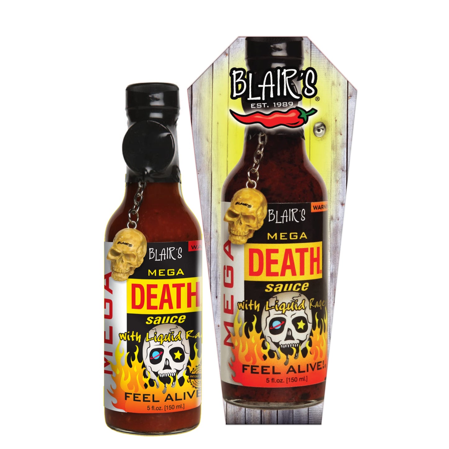 Blair's Mega Death Hot Sauce 5 Oz with Habaneros, Cayenne - 650x hotter than a Jalapeno - with Liquid Rage & Skull Key Chain