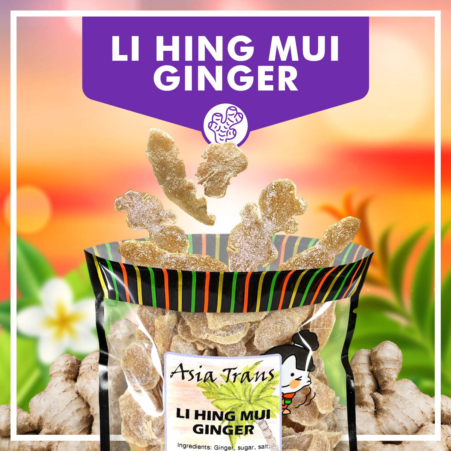 Asia Trans Li Hing Mui Dried Ginger Candy - Crystallized and Preserved Asian Fruit Slices with Plum Powder - Fresh-Packed Chews with Light Sugar
