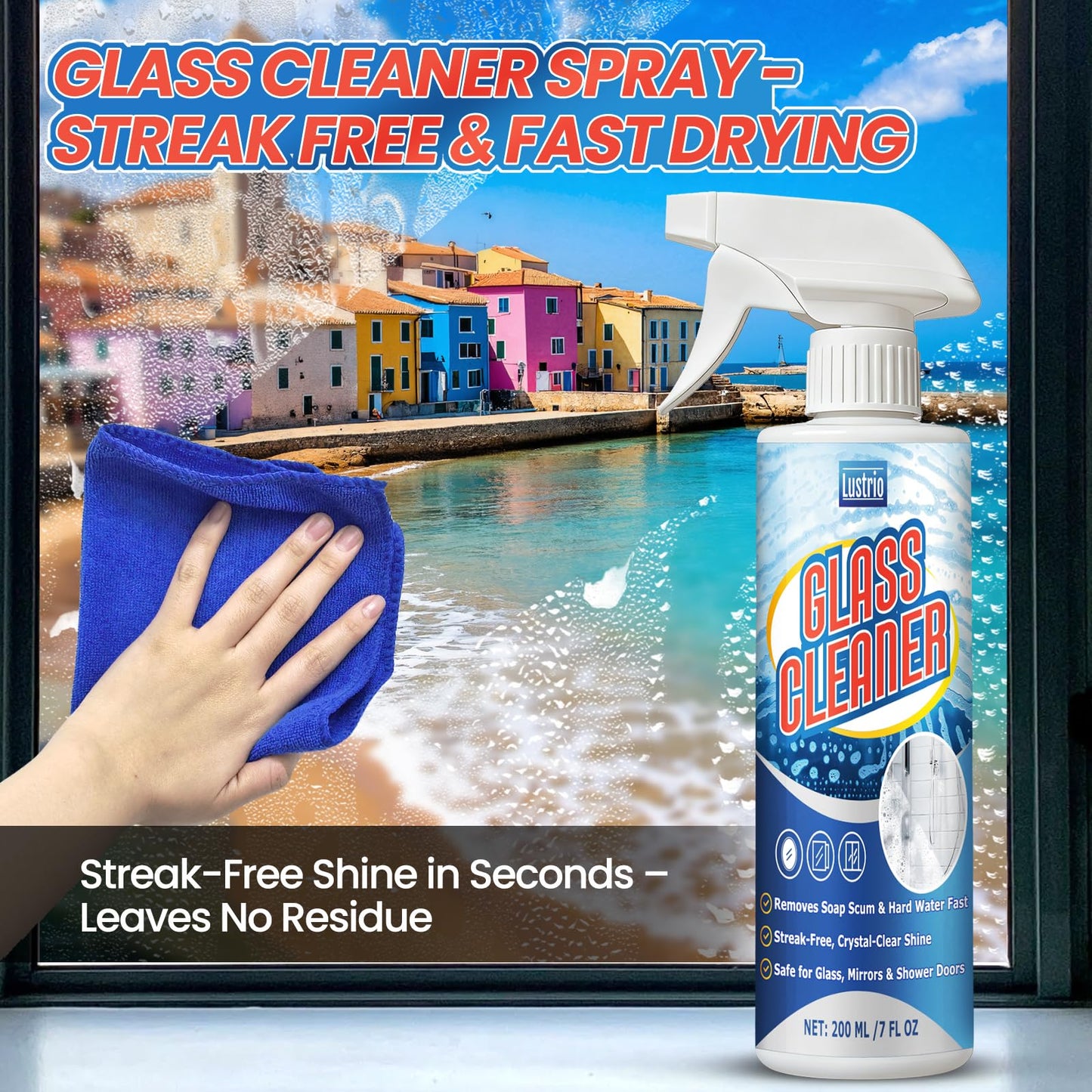 LUSTRIO Instant Shine Bathroom Glass Cleaner with Microfiber Towel - Removes Hard Water Limescale & Soap Scum on Shower Doors, Tiles & Mirrors