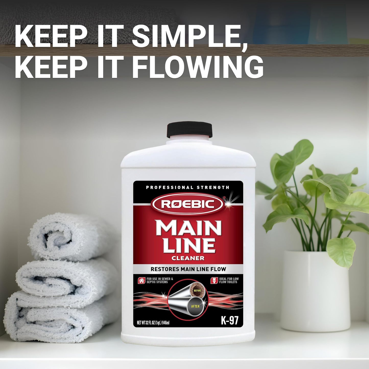 Roebic K-97 Liquid Main Line Cleaner with Bacteria Enzymes, Eliminates Organic Buildup in Sewer/Septic System and Protects from Clogs, Safe
