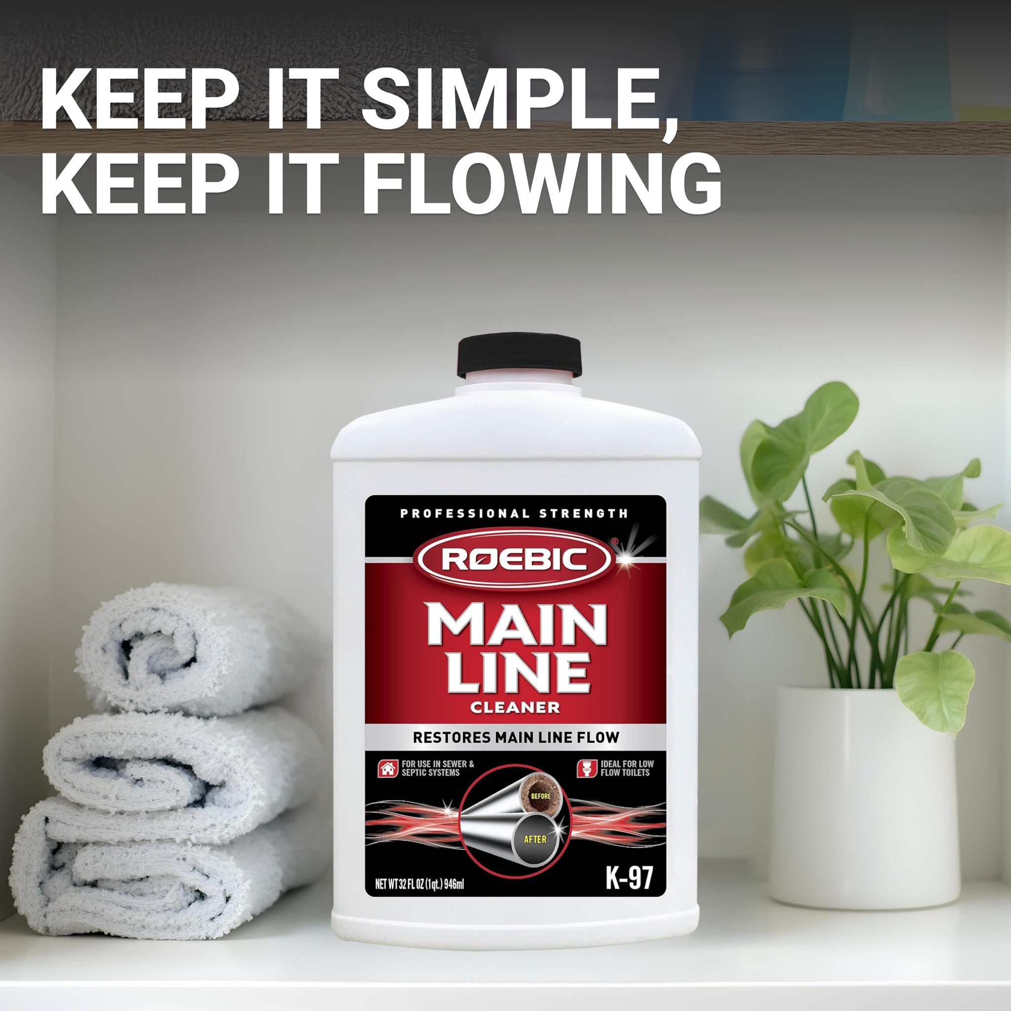 Roebic K-97 Liquid Main Line Cleaner with Bacteria Enzymes, Eliminates Organic Buildup in Sewer/Septic System and Protects from Clogs, Safe