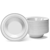 Silver Rimmed White Bowls - 5 ounce - 50 Count - Hard Plastic - Disposable or Reusable - Dessert - Salad - Cereal - Pasta Bowls - Ideal for Weddings