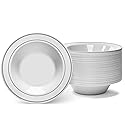 Silver Rimmed White Bowls - 5 ounce - 50 Count - Hard Plastic - Disposable or Reusable - Dessert - Salad - Cereal - Pasta Bowls - Ideal for Weddings