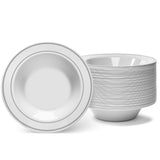 Silver Rimmed White Bowls - 5 ounce - 50 Count - Hard Plastic - Disposable or Reusable - Dessert - Salad - Cereal - Pasta Bowls - Ideal for Weddings