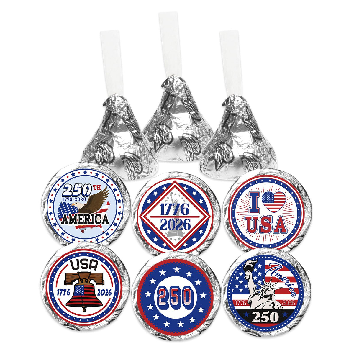 250th Anniversary Party Kiss Stickers - US 1776-2026 250 Years Birthday Freedom Label Stickers Round Mini Chocolate Candy Wrappers - 4th of July Party