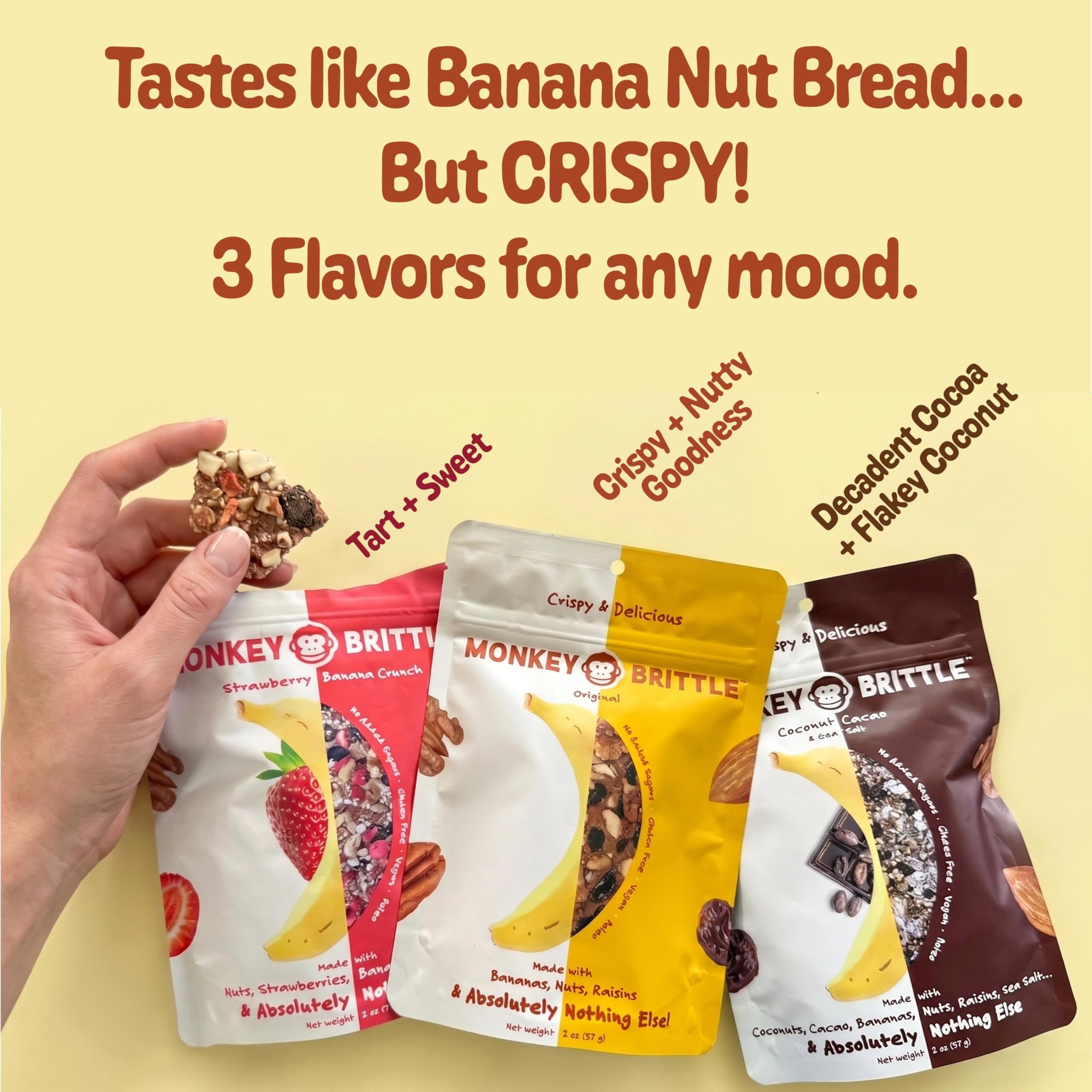Monkey Brittle Healthy Snacks, Crispy Plant-Based Treats for Kids & Adults, Vegan & Gluten-Free, All-Natural Snack for School, Sports, Camping