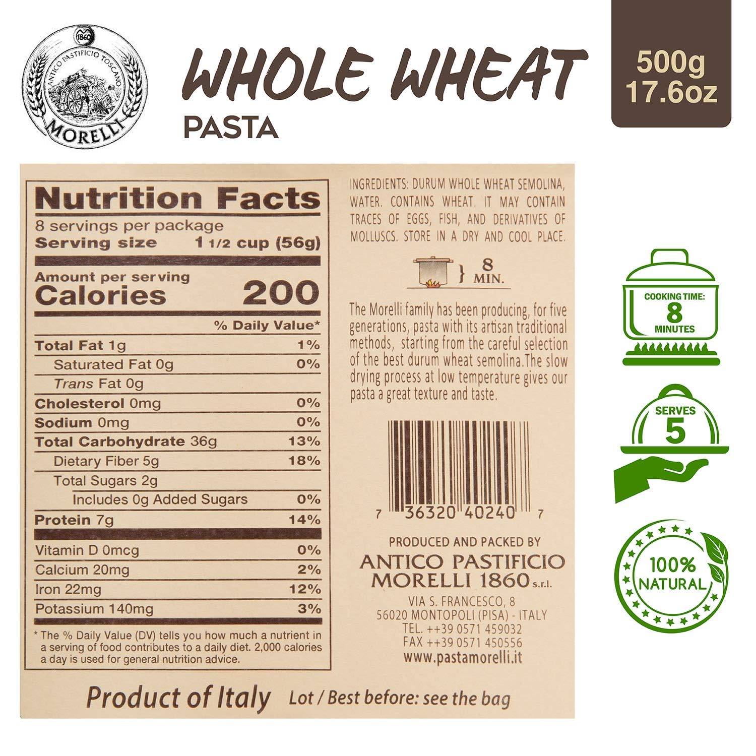 Morelli Organic Whole Wheat Penne Pasta Noodles - Handmade Premium Italian Pasta from Italy, Gourmet Imported Noodles Made with Durum Wheat Semolina