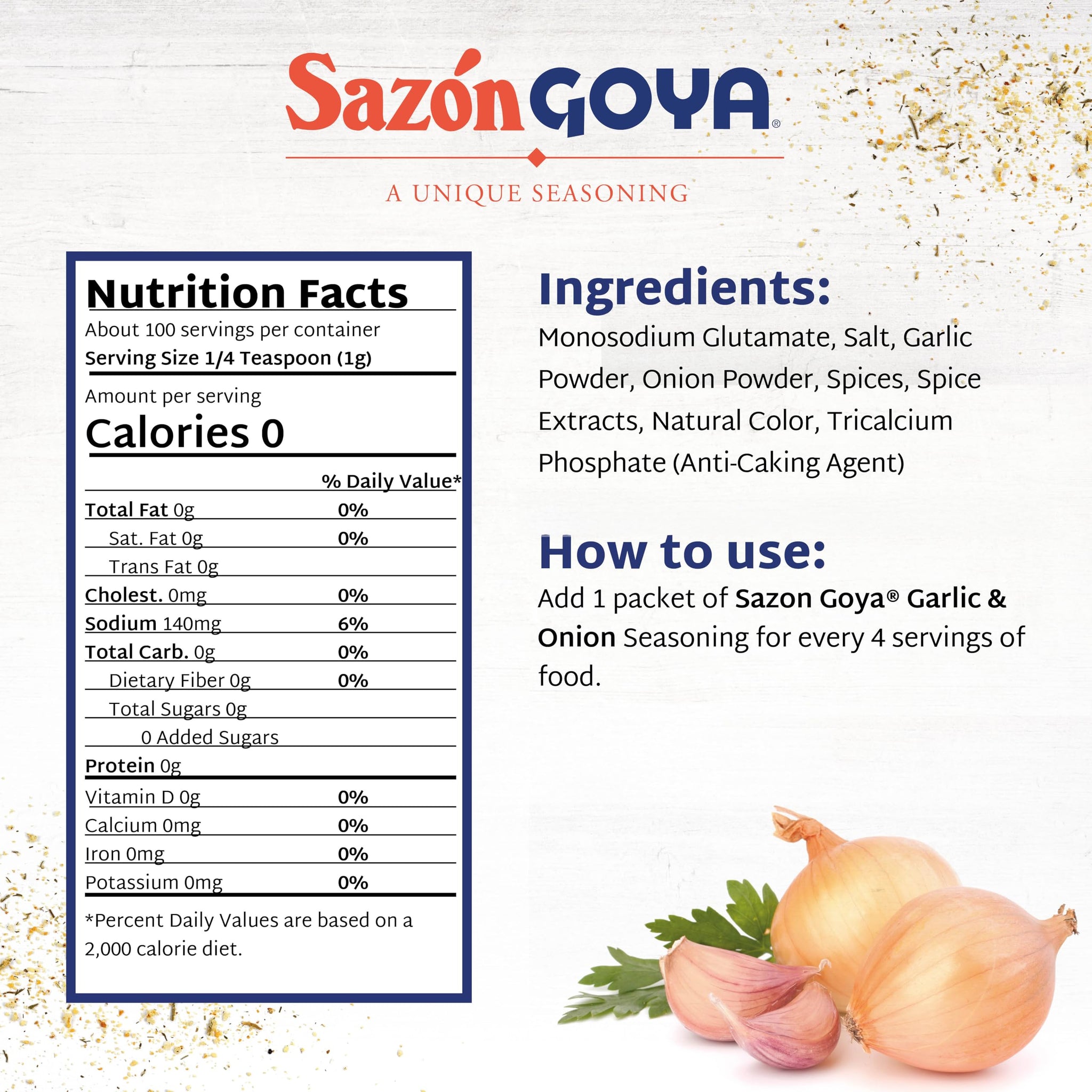 Sazón with Garlic and Onion by Goya, Latin Spice Blend for Poultry, Seafood, Meat and Vegetables, All Purpose Mexican Seasoning, 2-Pack, 3.52oz Carton