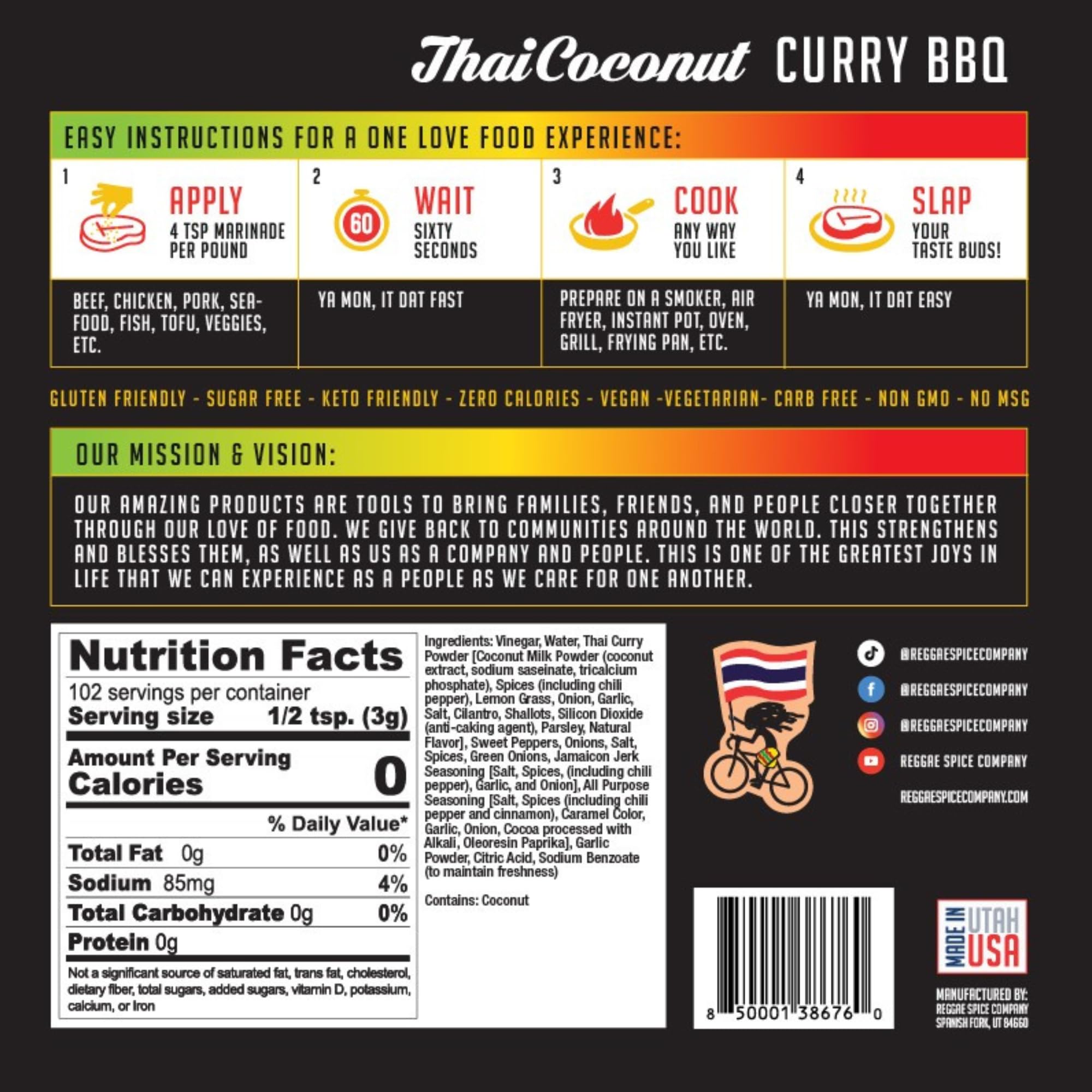 Reggae Spice Thai Coconut Curry Jerk BBQ Marinade | 60-Second Authentic Wet Rub Seasoning Sauce for Cooking Meats | Gluten Free, Vegan, and Keto