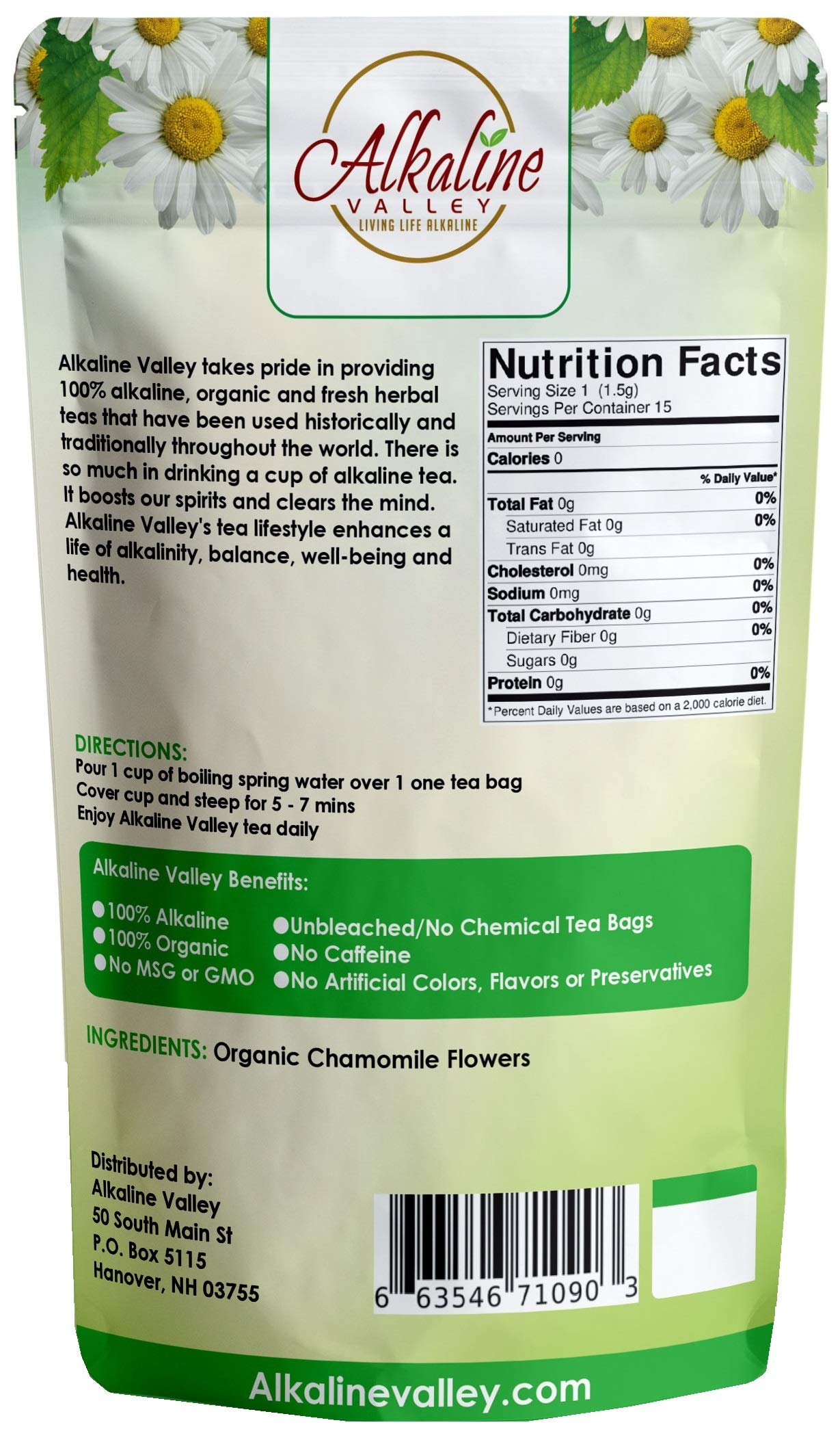 Chamomile Tea or Te De Camomila - 100% Organic and Alkaline - 15 Unbleached/Chemical-Free Chamomile Tea Bags - Caffeine-Free, No GMO