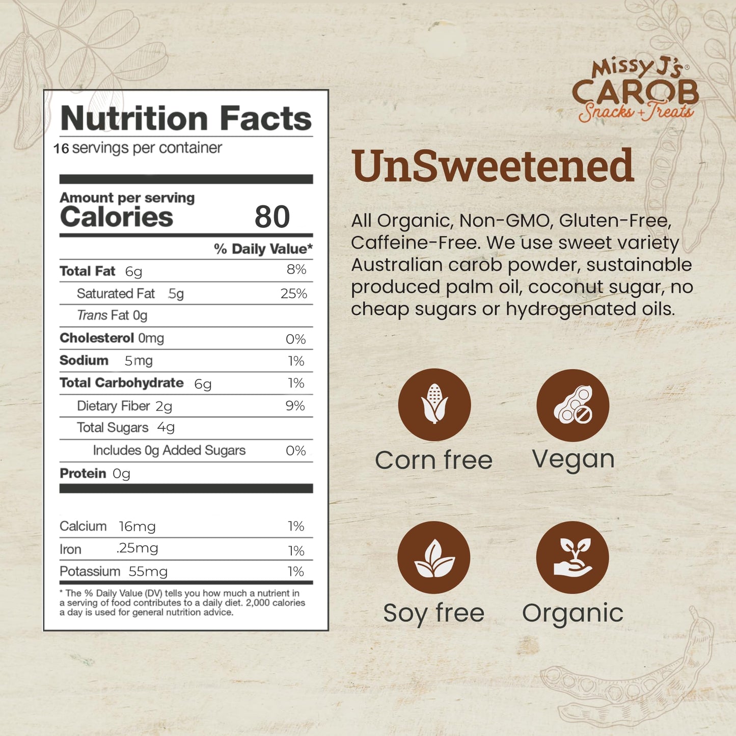 Missy J's organic Unsweetened Carob Chips 8 Oz, Vegan, Gluten and Caffeine Free, Healthy Substitute for Chocolate, Perfect for Snacks and Treats