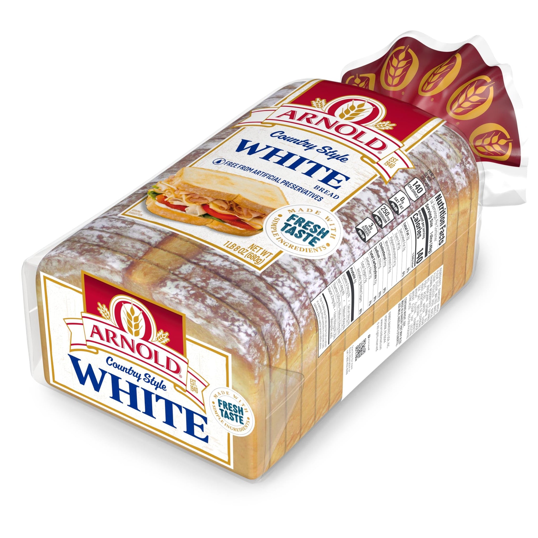 Arnold Country Style Plain Bread, White Bread, 24 oz Bag