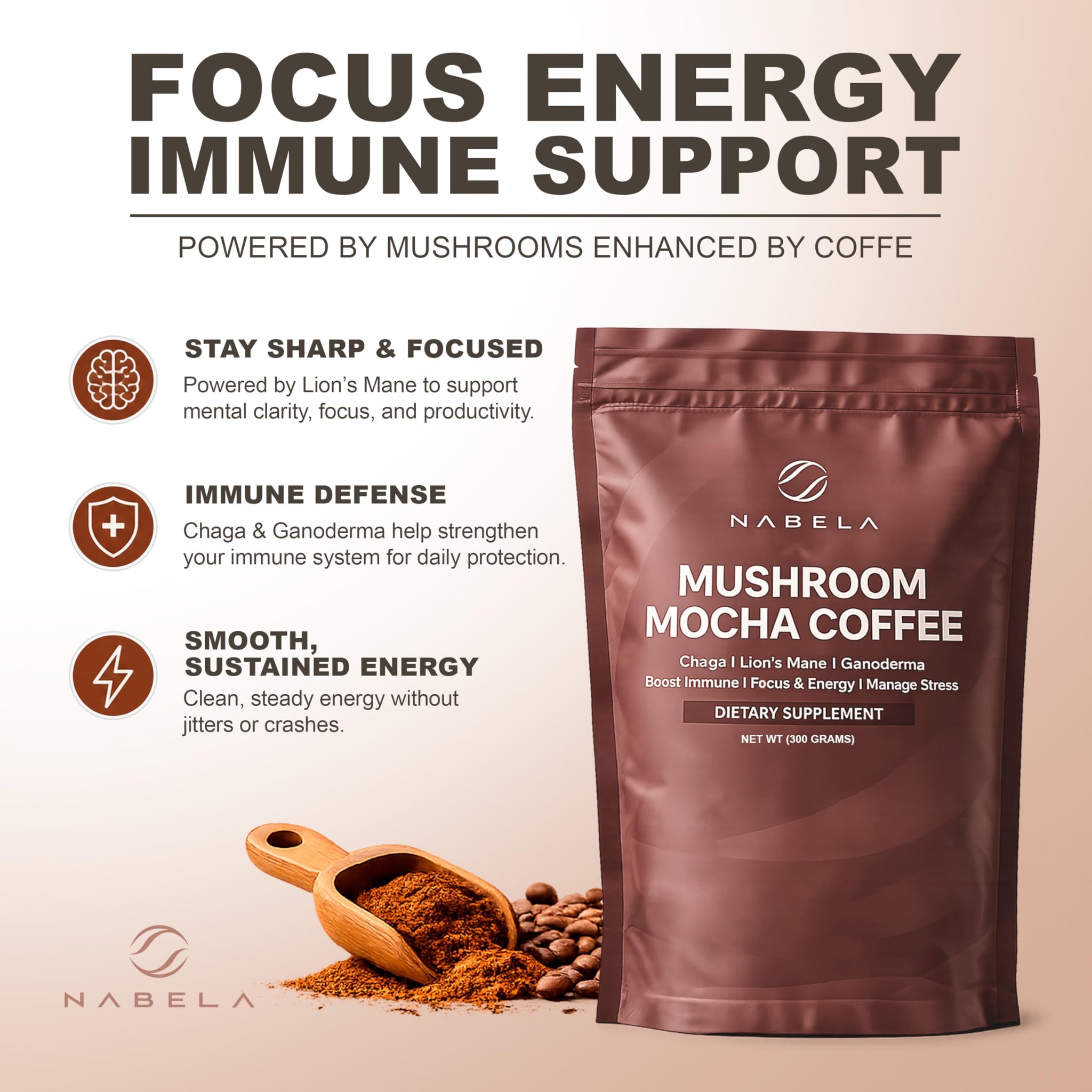 Nabela Mocha Mushroom Coffee - Instant Colombian & Arabic Roasted Blend with Lion's Mane, Chaga & Reishi - Focus & Energy Mushroom Powder - Delicious
