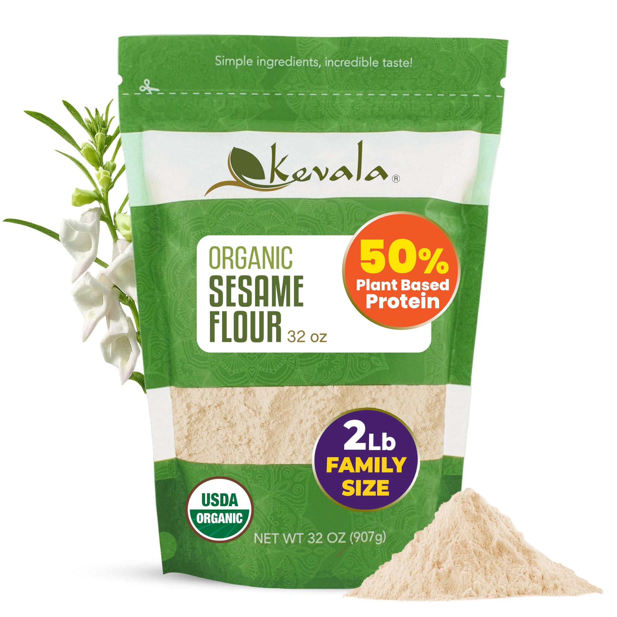 Kevala Organic Sesame Flour - 50% Protein Flour Made with Non GMO Sesame Seeds, With Mild Sesame Flavor, Vegan Protein Source, For Making Bread