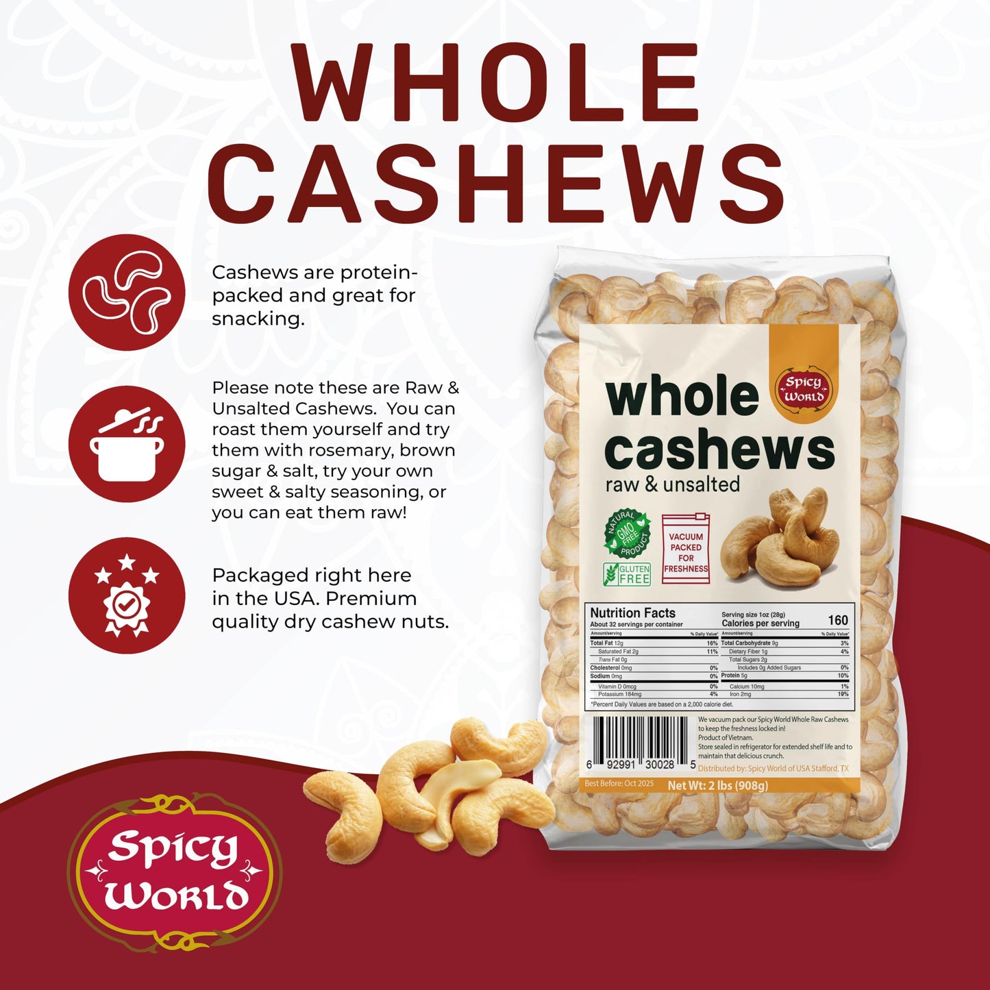Spicy World Raw Cashews Whole 2 Pound (32oz) - Non-GMO, Unsalted, Natural & Pure Whole Cashews - Great for Pesto, Salads, Baking, Roasting & Cooking