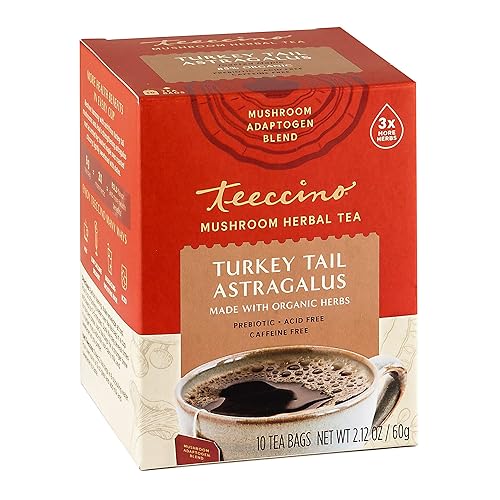 Teeccino Turkey Tail Astragalus - Toasted Maple - Caffeine Free Mushroom Adaptogenic Herbal Tea, 3x More Herbs than Regular Tea Bags, Lightly Sweet