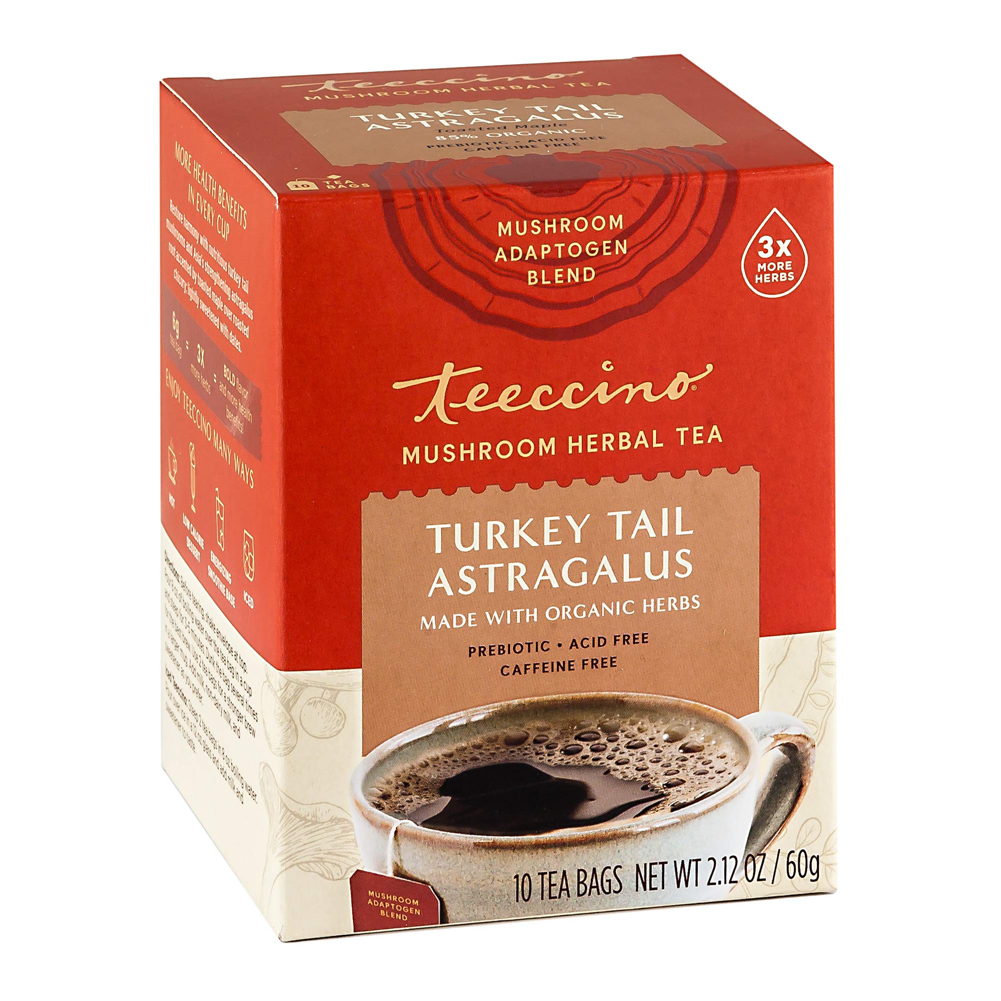 Teeccino Turkey Tail Astragalus - Toasted Maple - Caffeine Free Mushroom Adaptogenic Herbal Tea, 3x More Herbs than Regular Tea Bags, Lightly Sweet